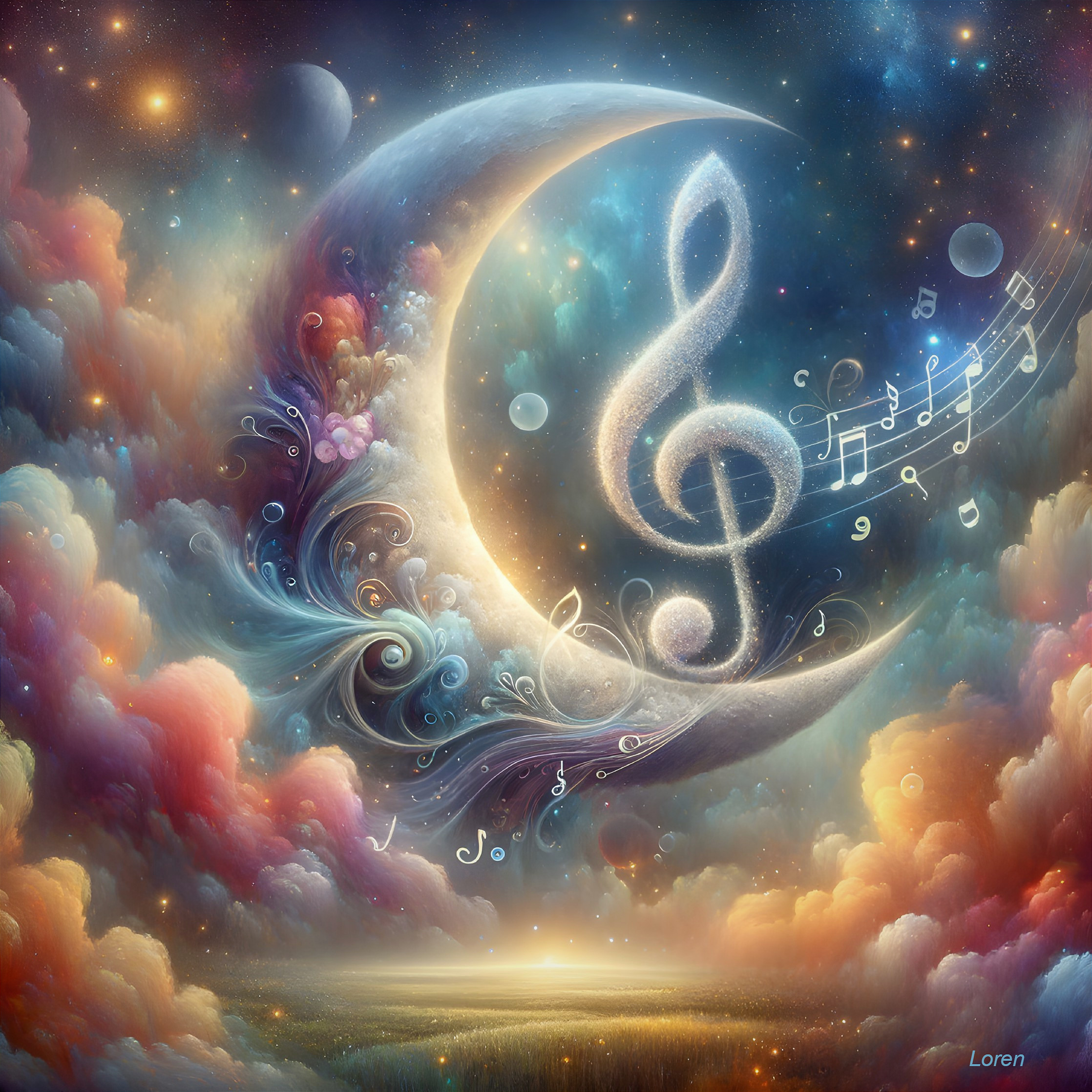 Whimsical Celestial Scene with Musical Notes and Moon