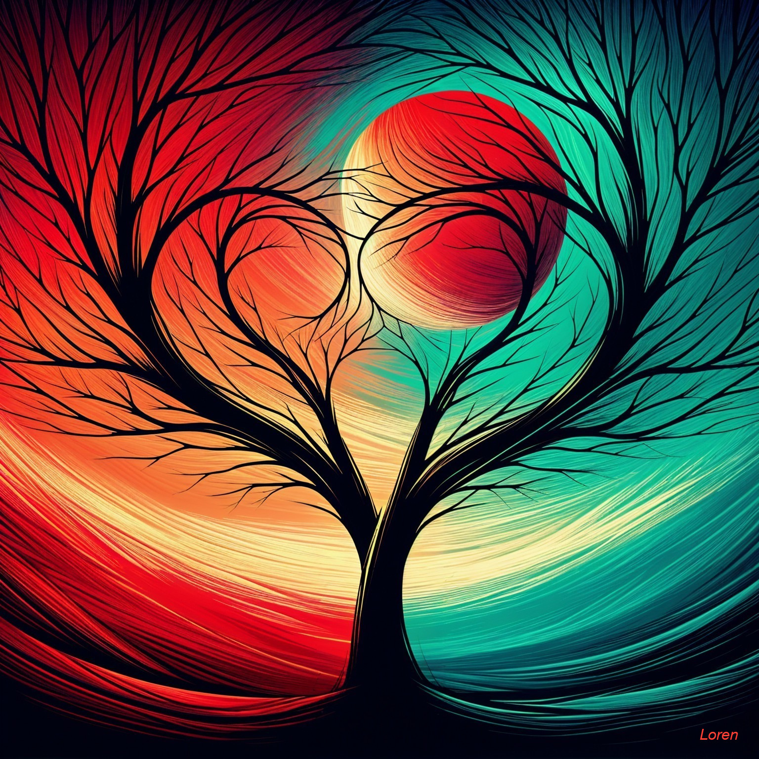 Intertwining Trees Forming Heart Shape with Vibrant Background