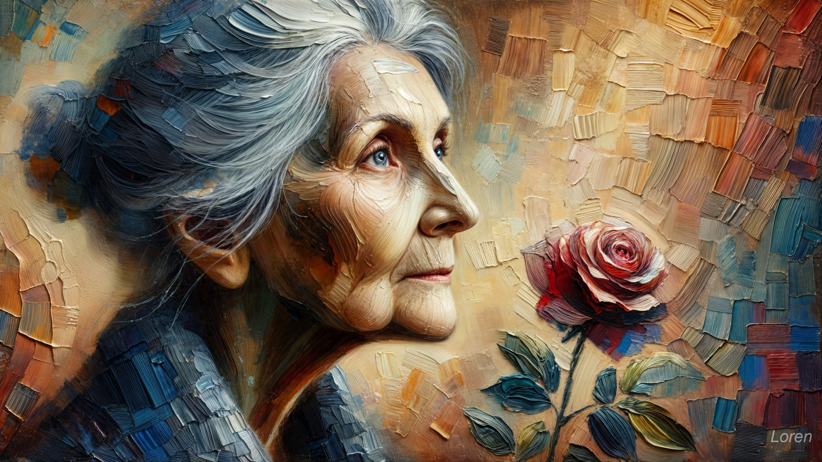 Textured Portrait of an Elderly Woman with Rose