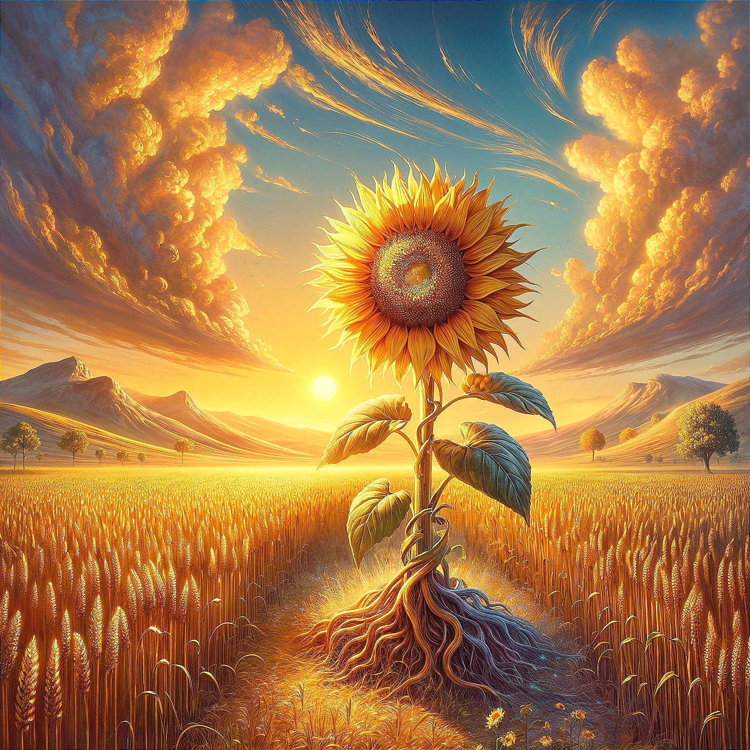 Sunflower at Golden Hour with Rolling Hills and Sunset