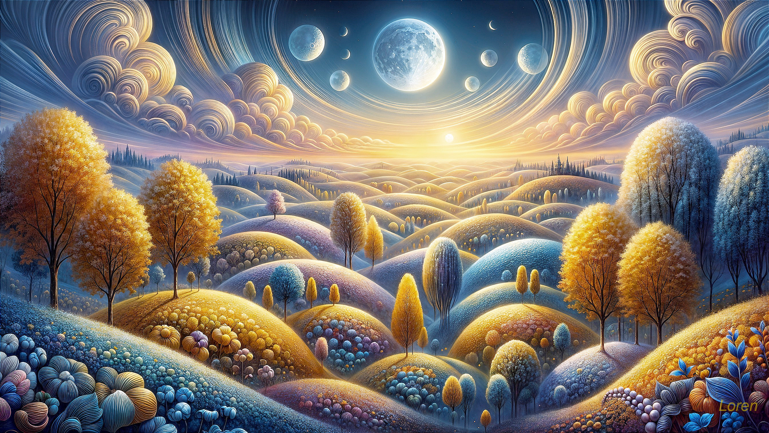 Surreal Landscape with Vibrant Hills and Cosmic Sky