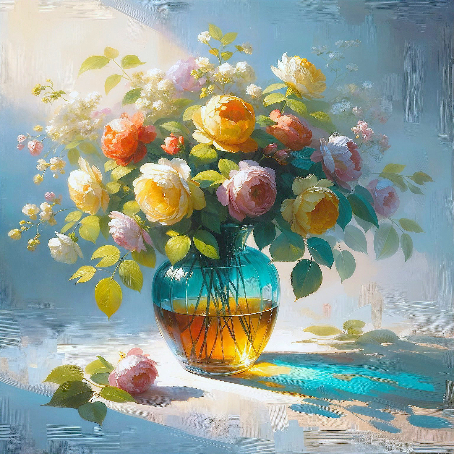 Vibrant Peonies in Clear Vase Against Blue Background