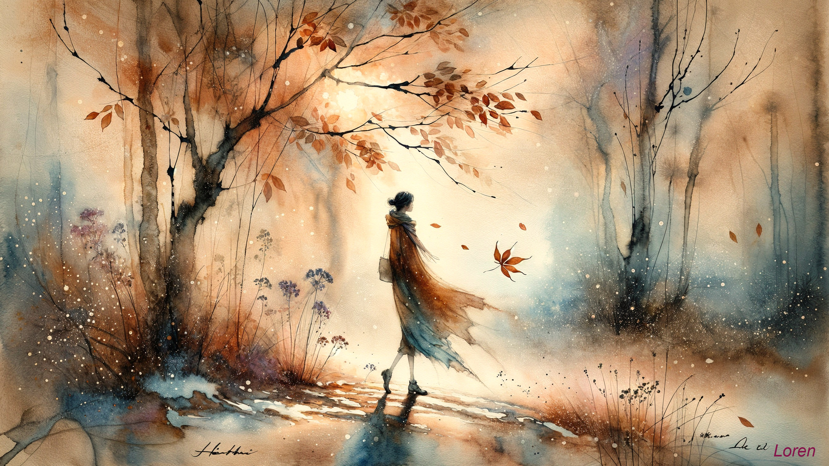 Watercolor Painting of a Figure on an Autumn Path
