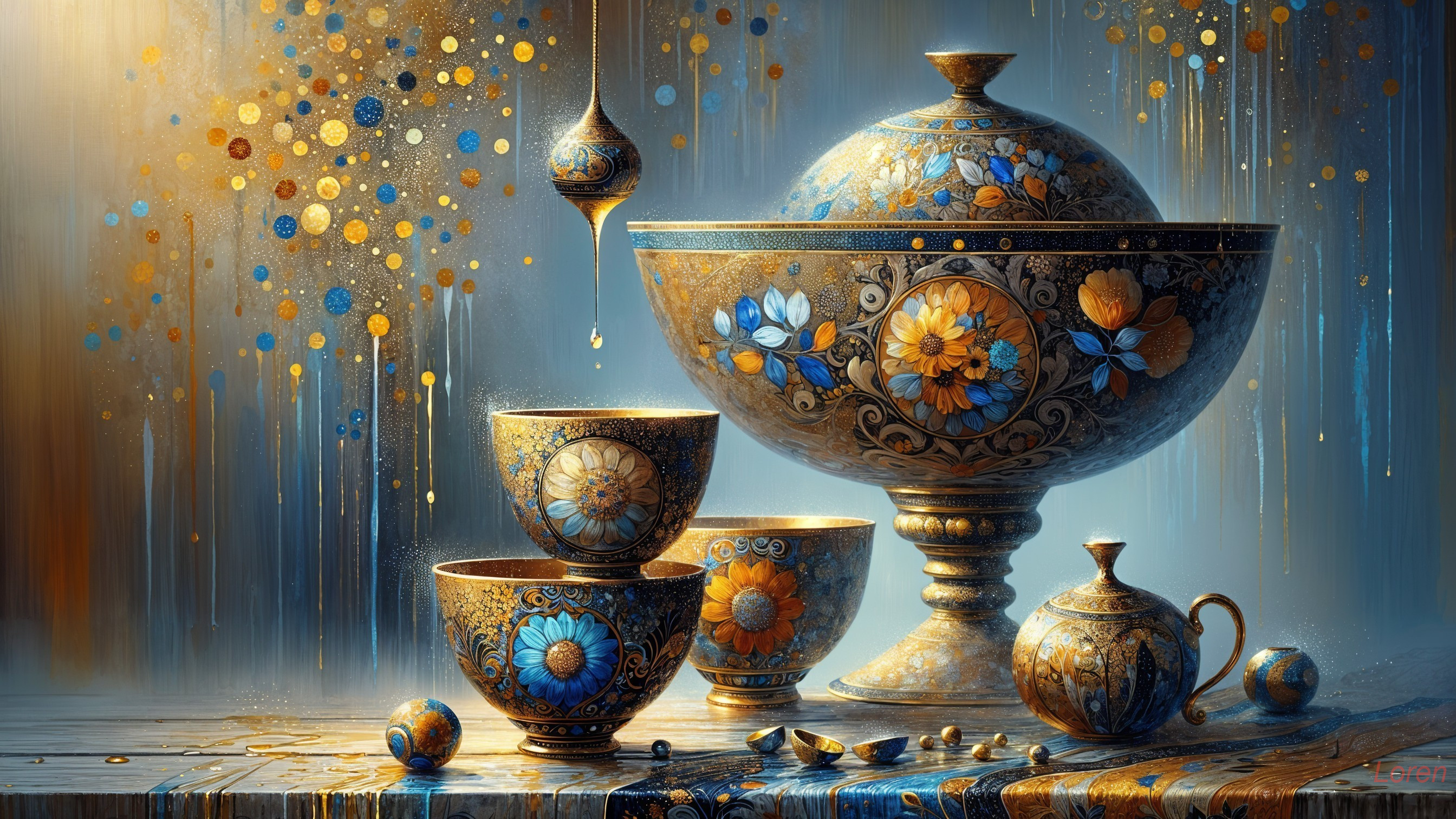 Elegant Still Life of Ornate Ceramics and Wood Surface