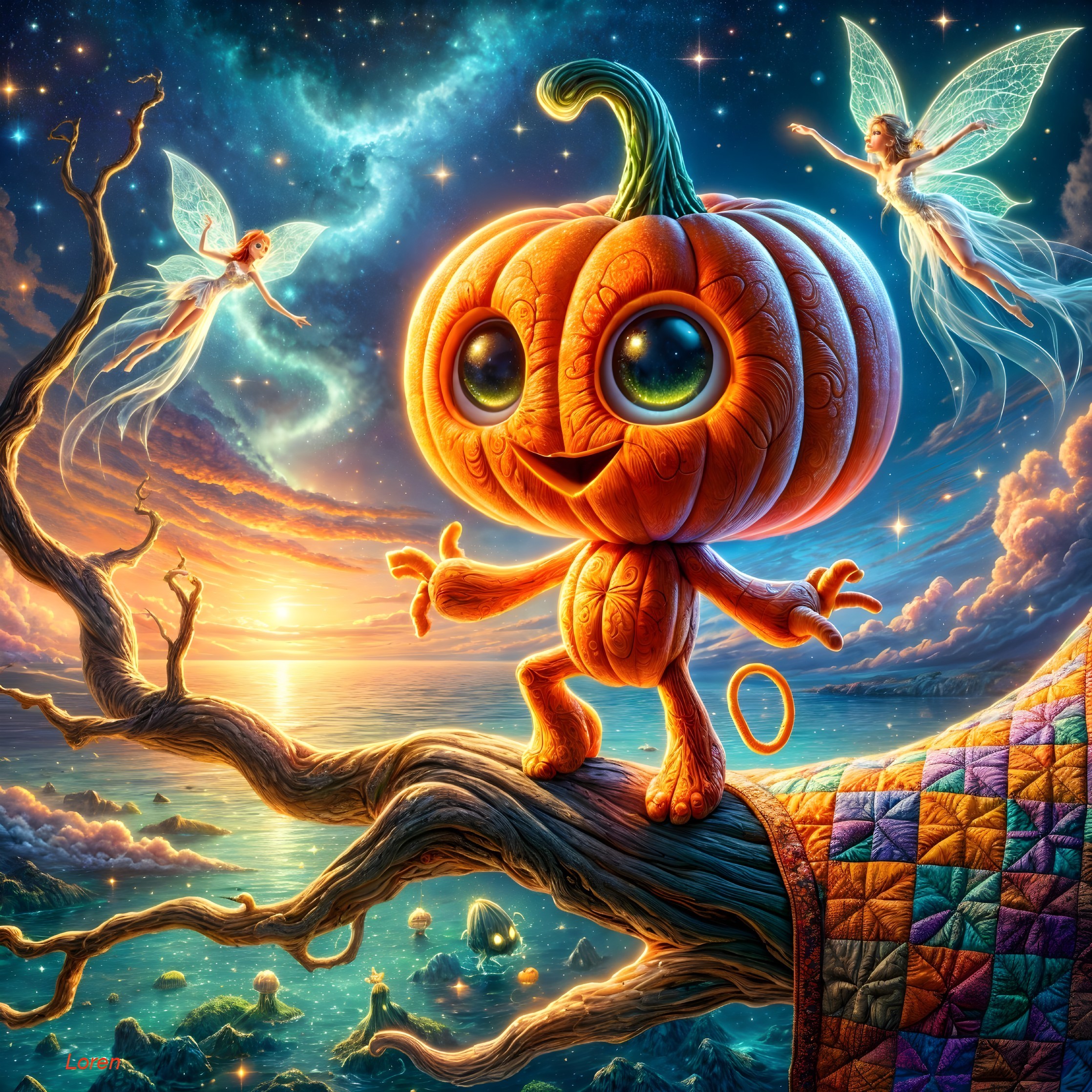 Whimsical Pumpkin Character in Dreamlike Landscape