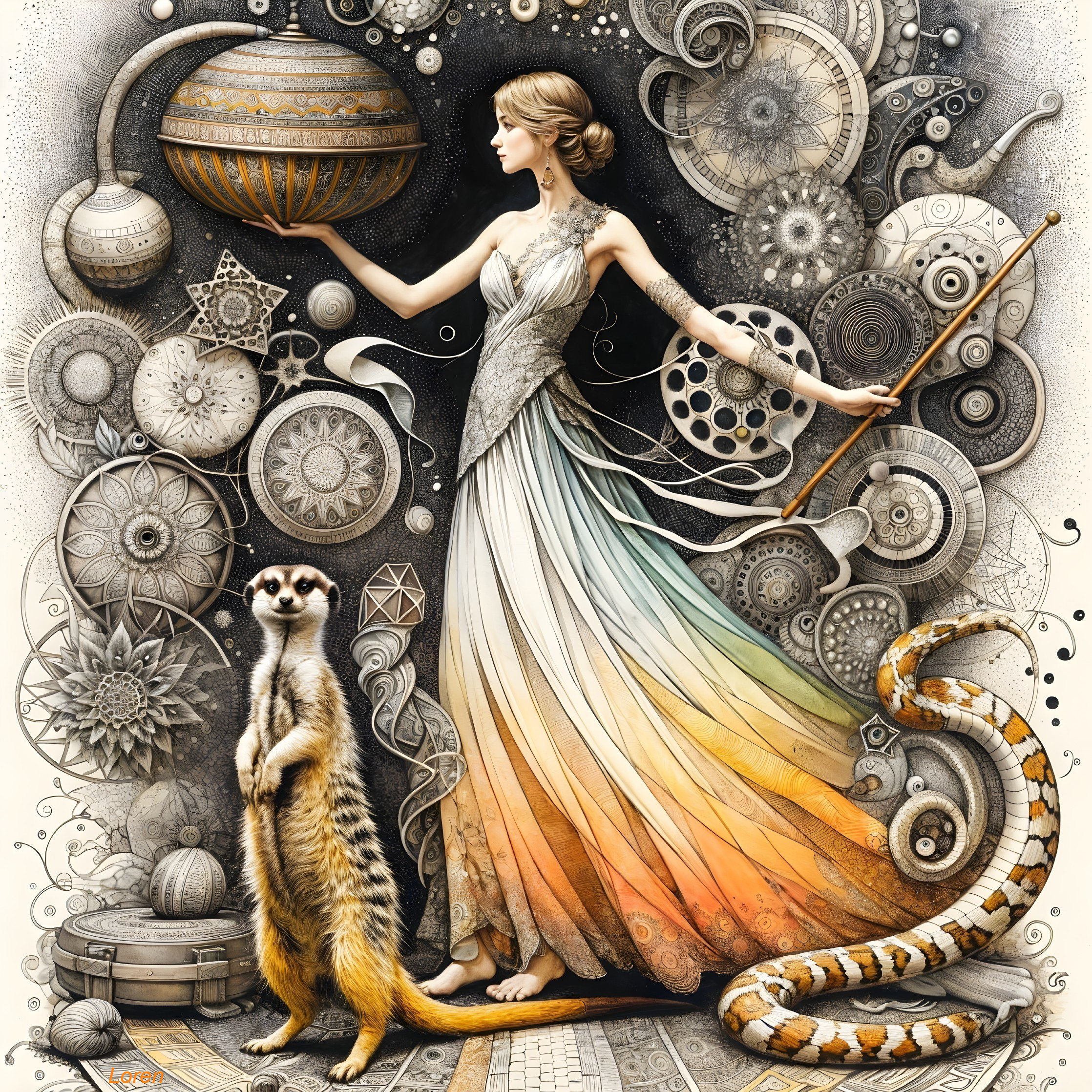 Mystical Artwork of Woman with Planet and Geometric Patterns