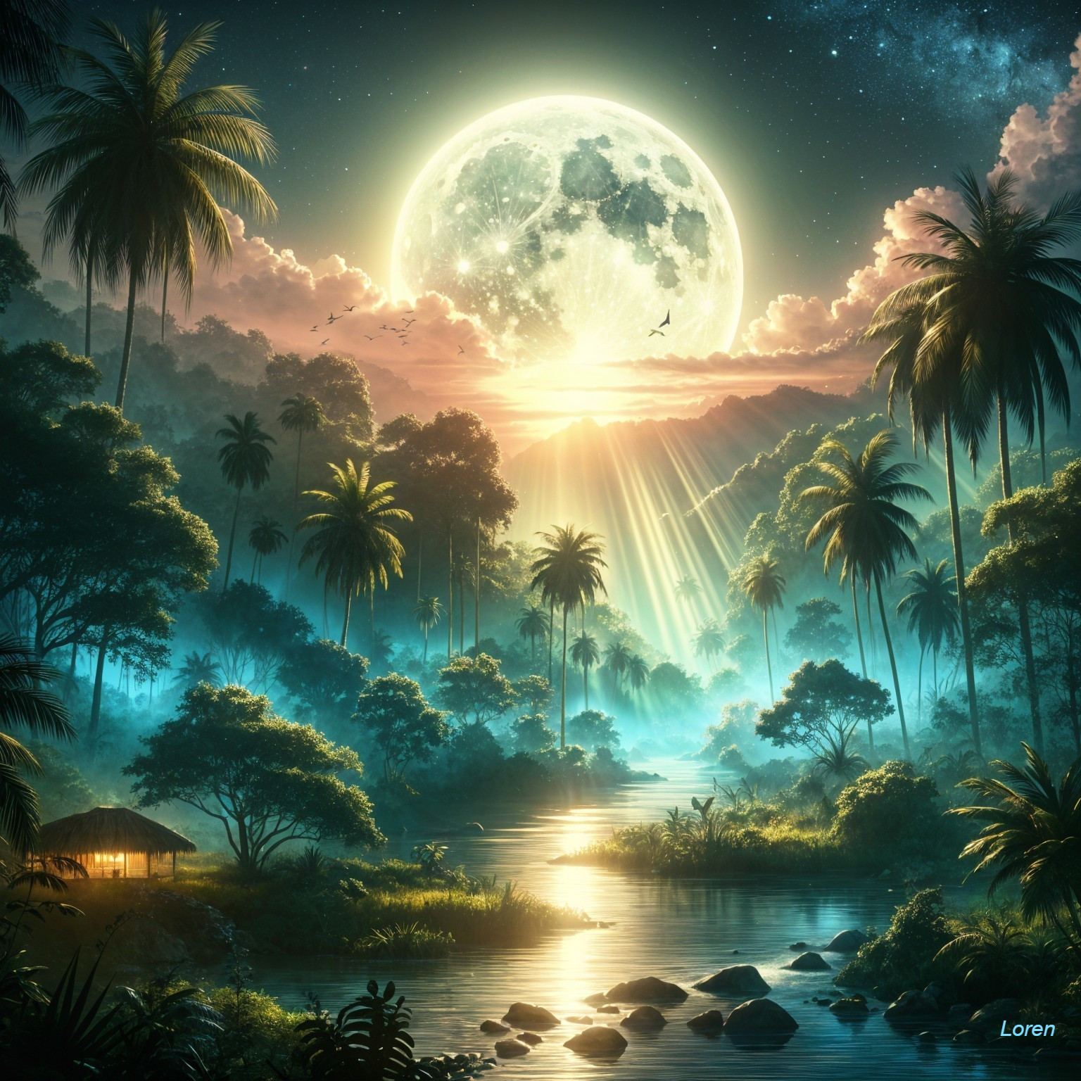 Serene Tropical Landscape Under Moonlight and Clouds