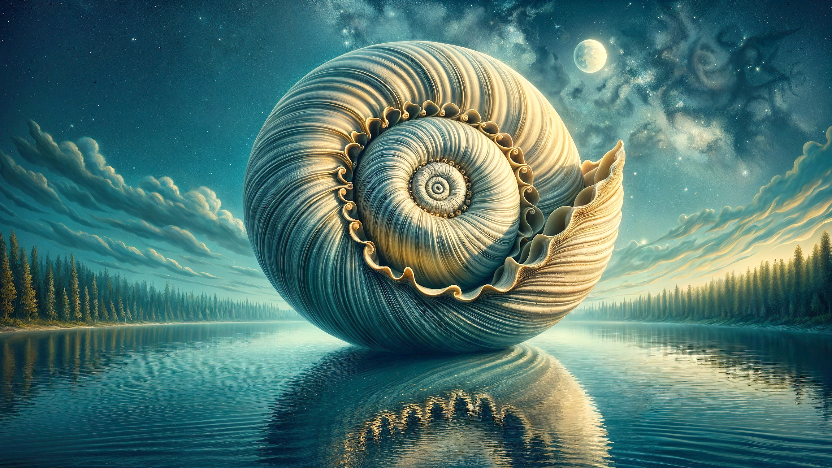 Nautilus Shell on Tranquil Lake Under Starry Sky