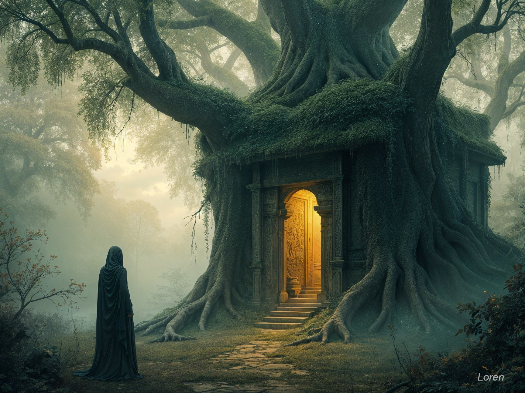 Ancient Tree at Mystical Temple Entrance in Forest
