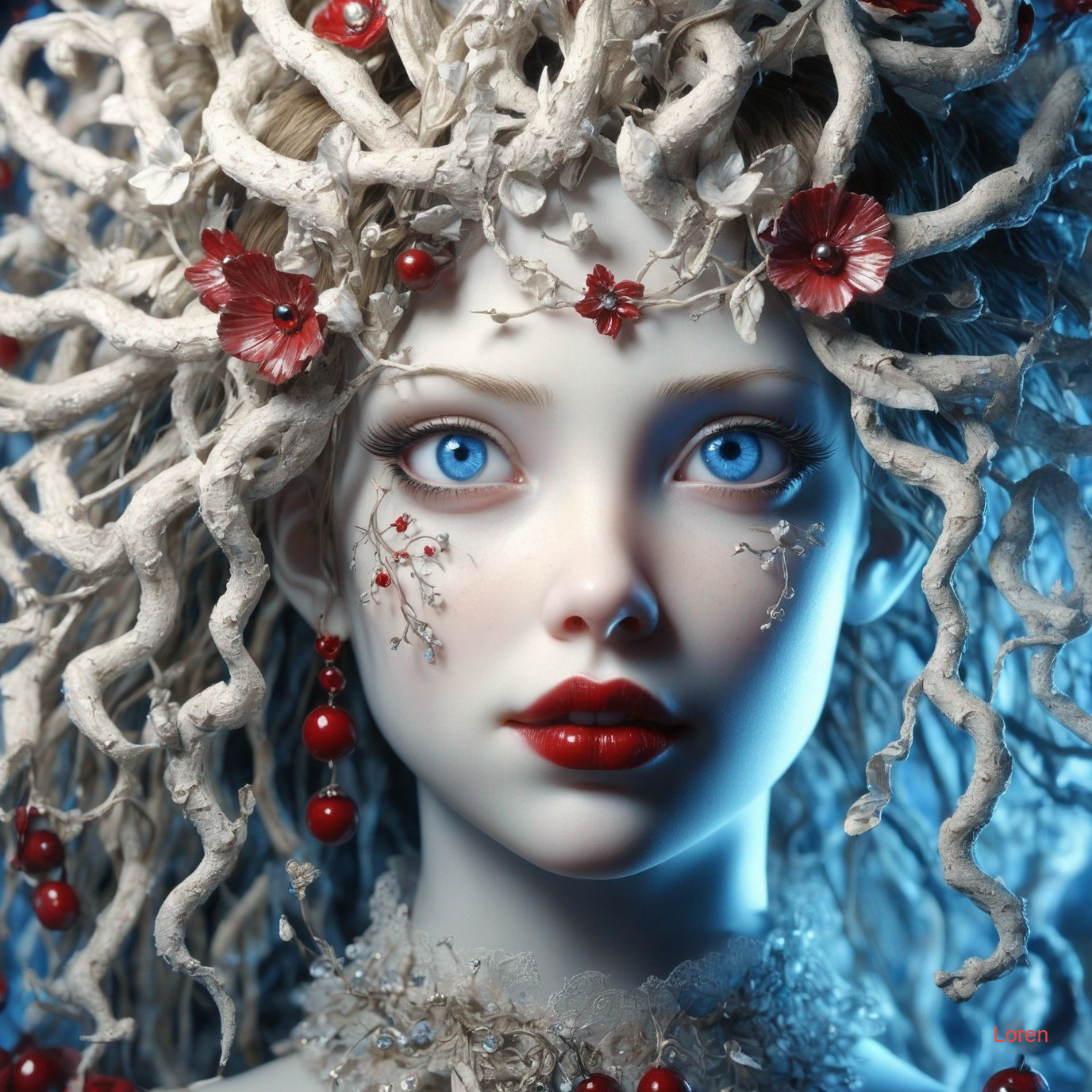 Fantasy Figure with Tree-Like Hair and Ethereal Beauty