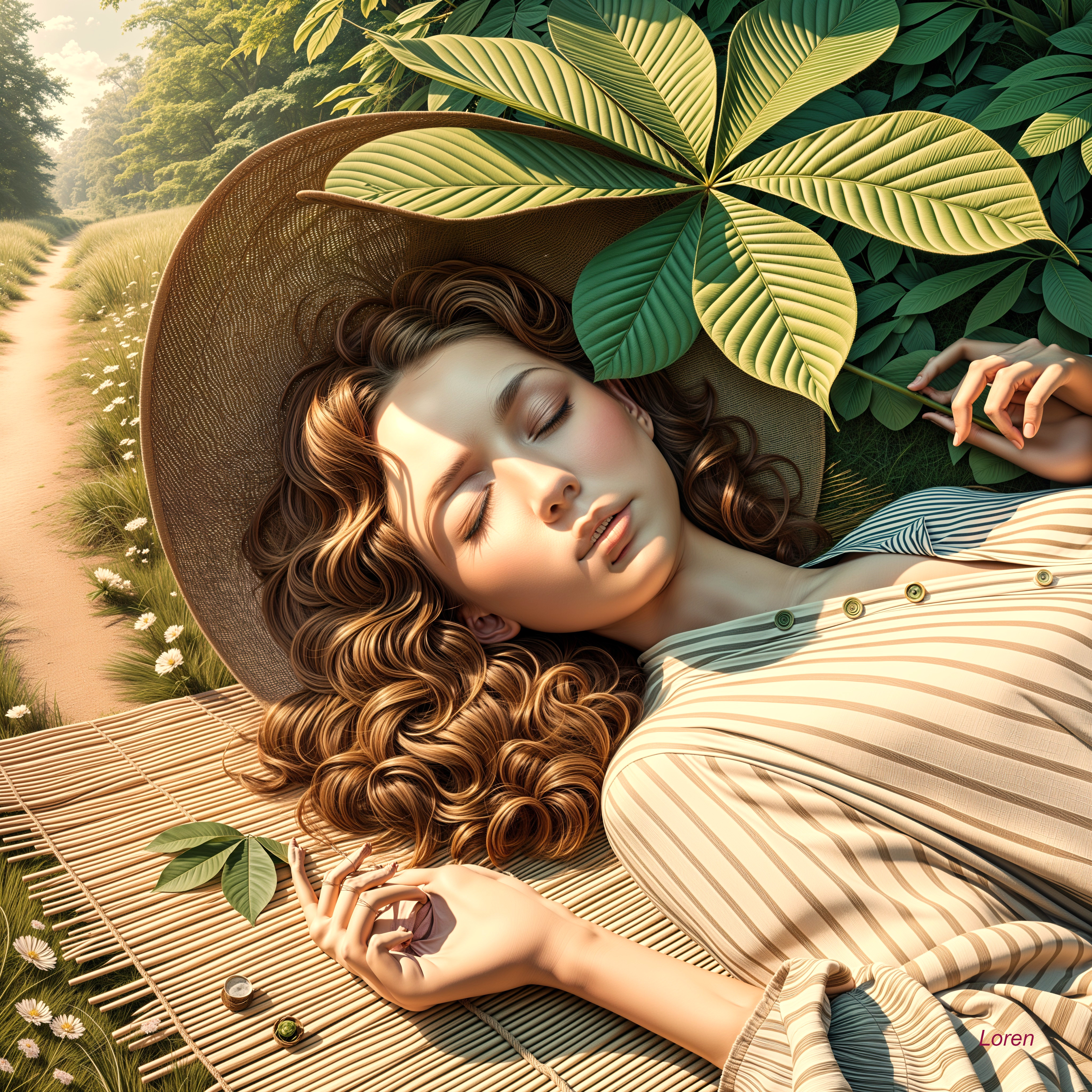 Woman in Sunlit Path Surrounded by Greenery and Flowers