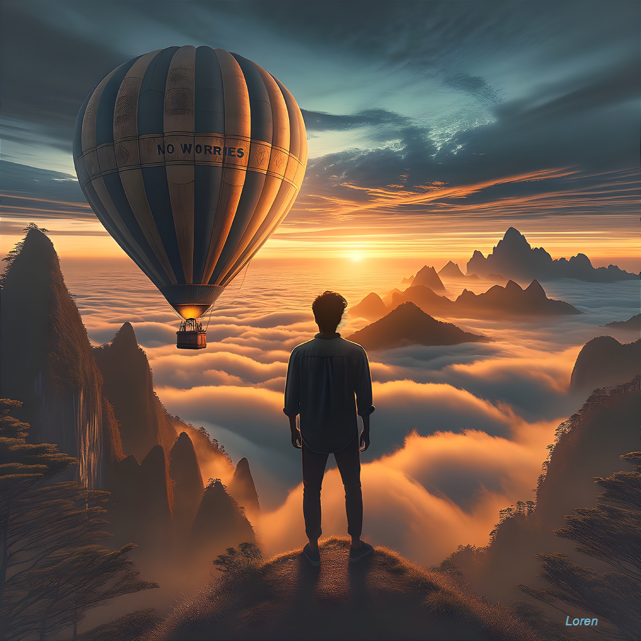 Person on Rocky Ledge Observing Sunset and Balloon