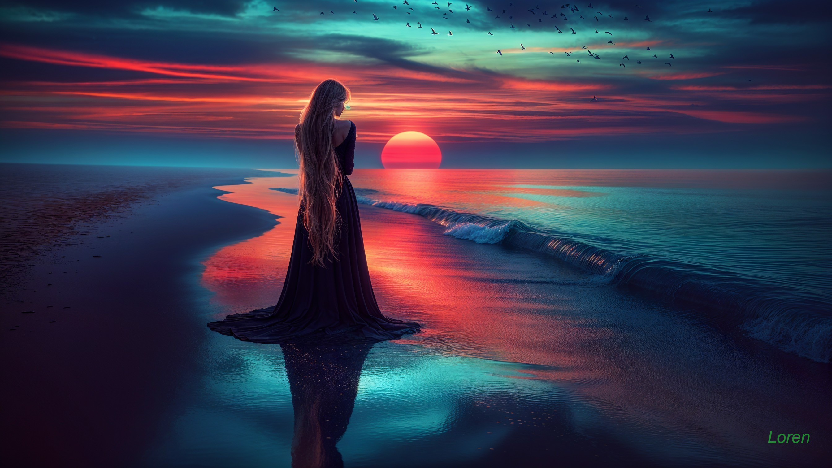 Silhouette of Woman in Black Dress at Sunset Beach
