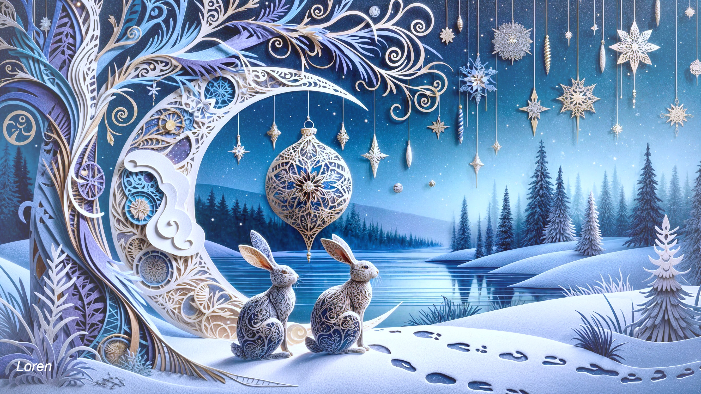 Winter Scene with Rabbits Under a Crescent Moon