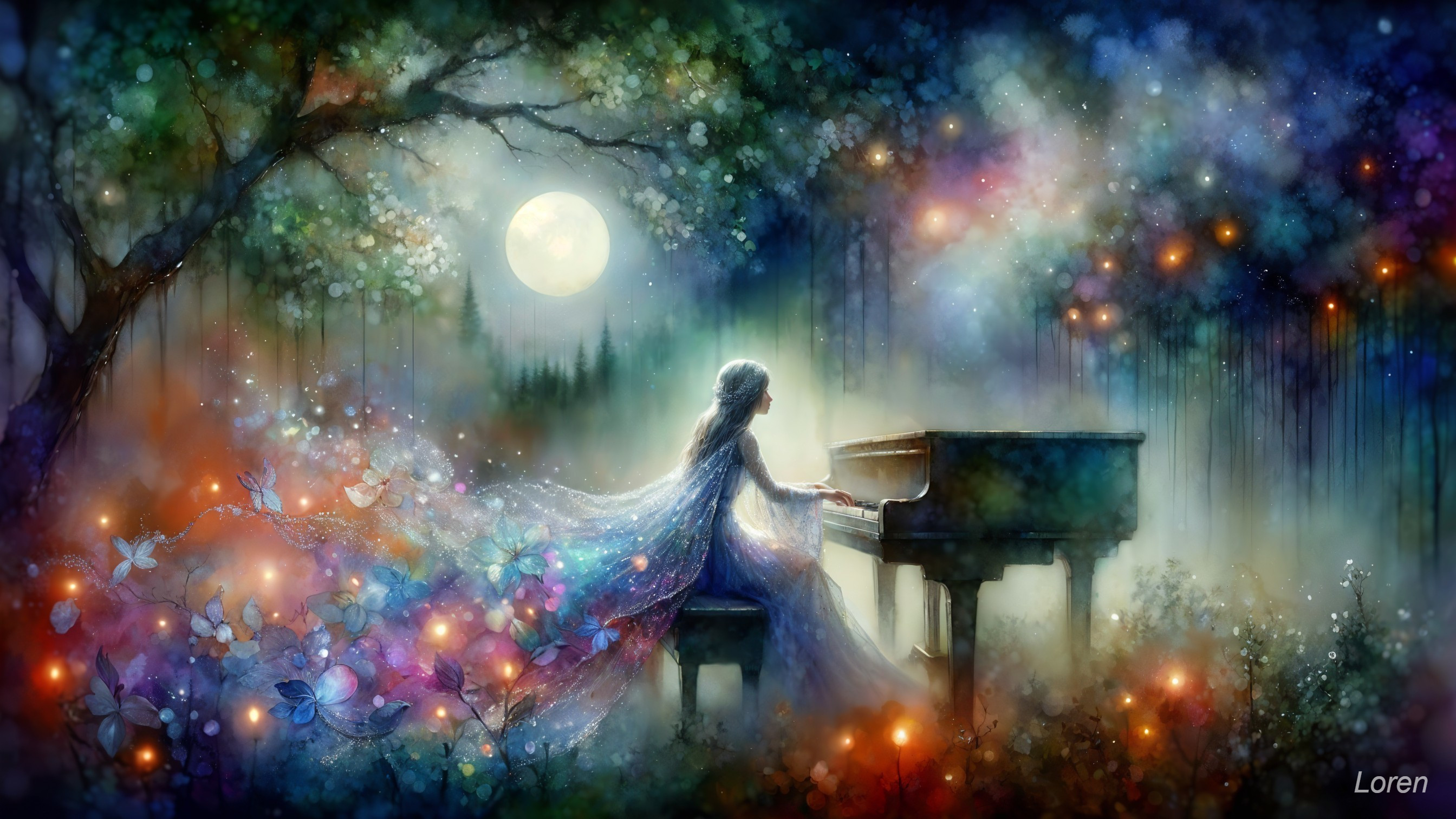 Moonlit Piano Scene in a Mystical Forest Setting