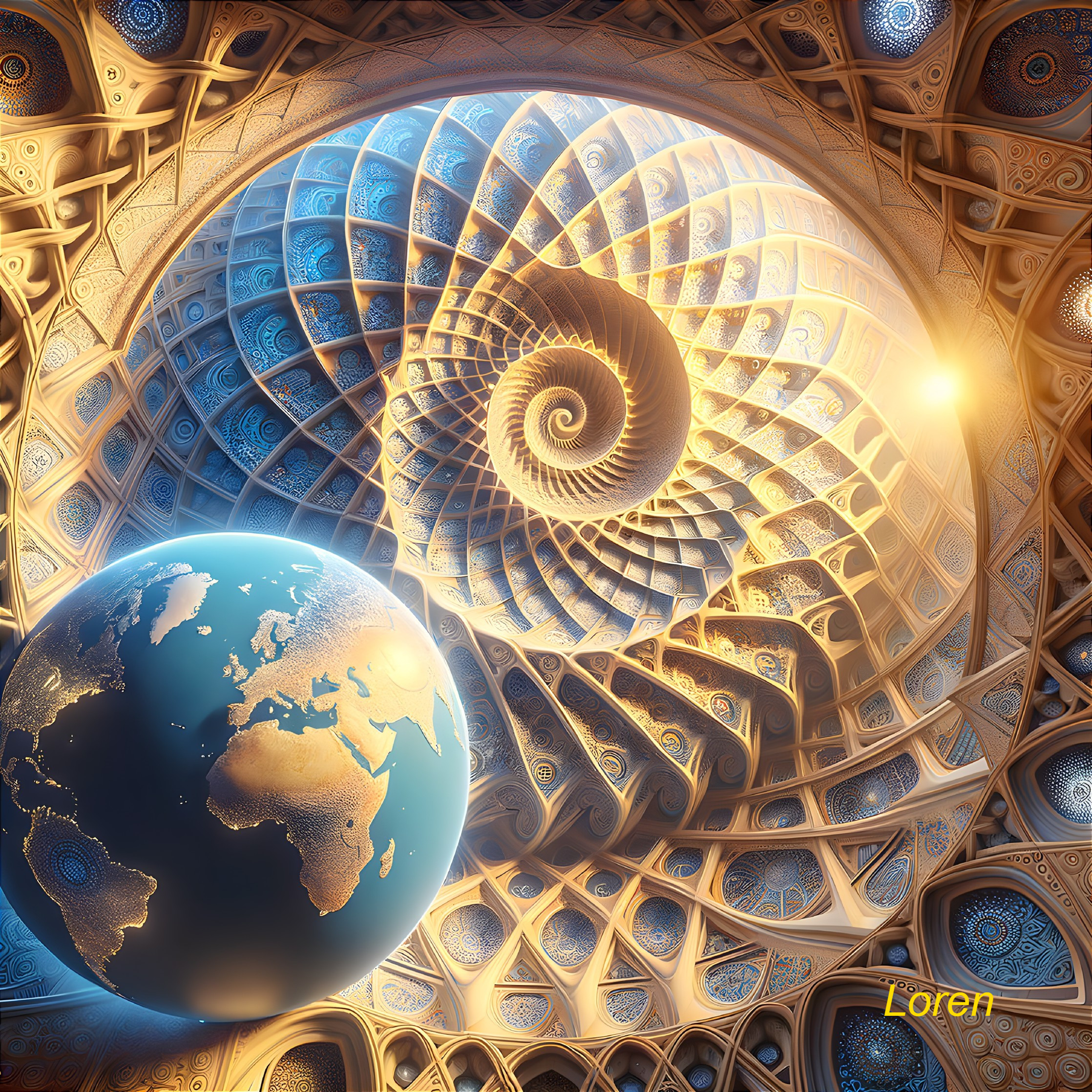 Spiral Pattern with Nautilus Shell and Globe Design