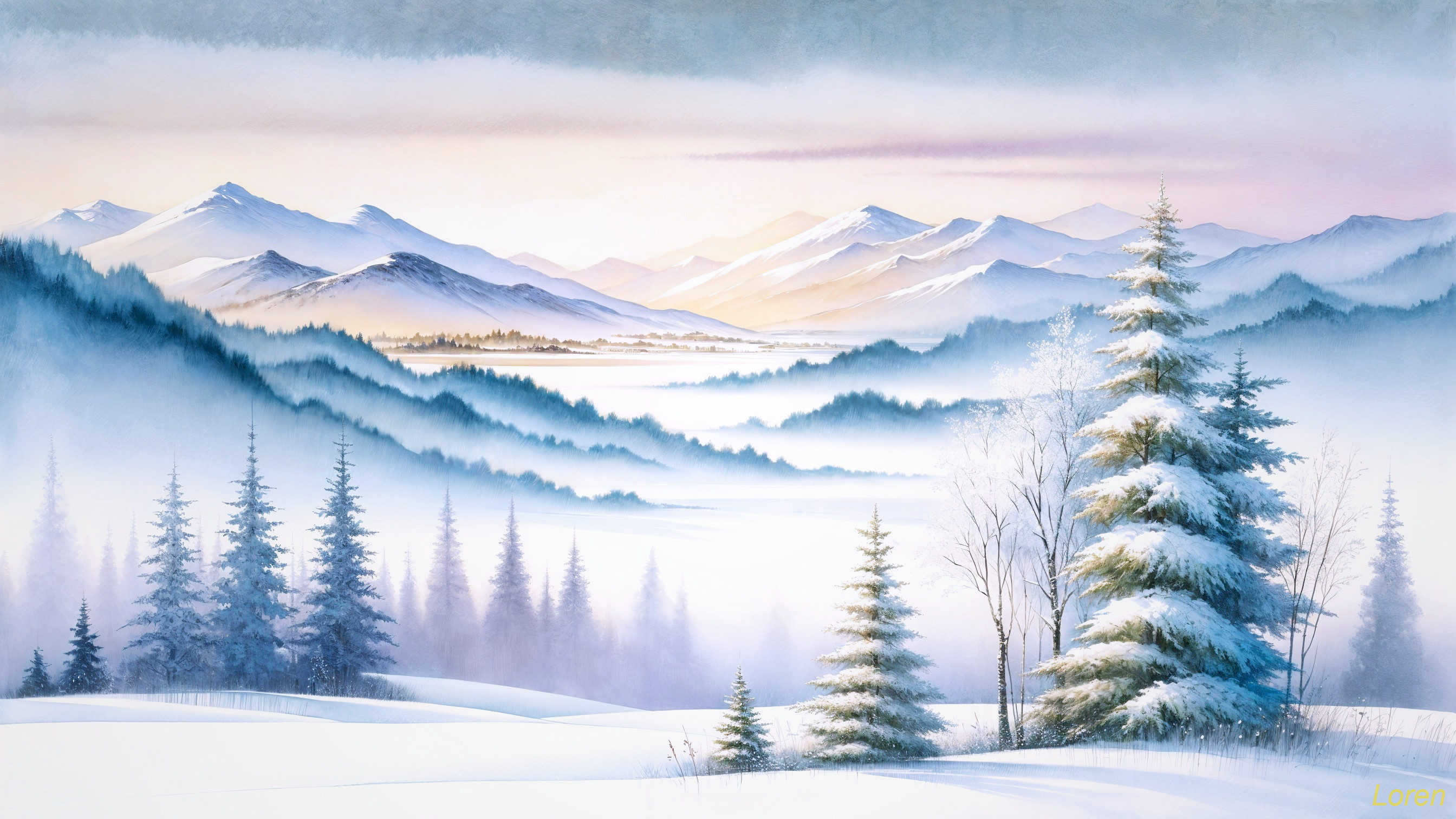 Serene Winter Landscape with Snow-Capped Mountains