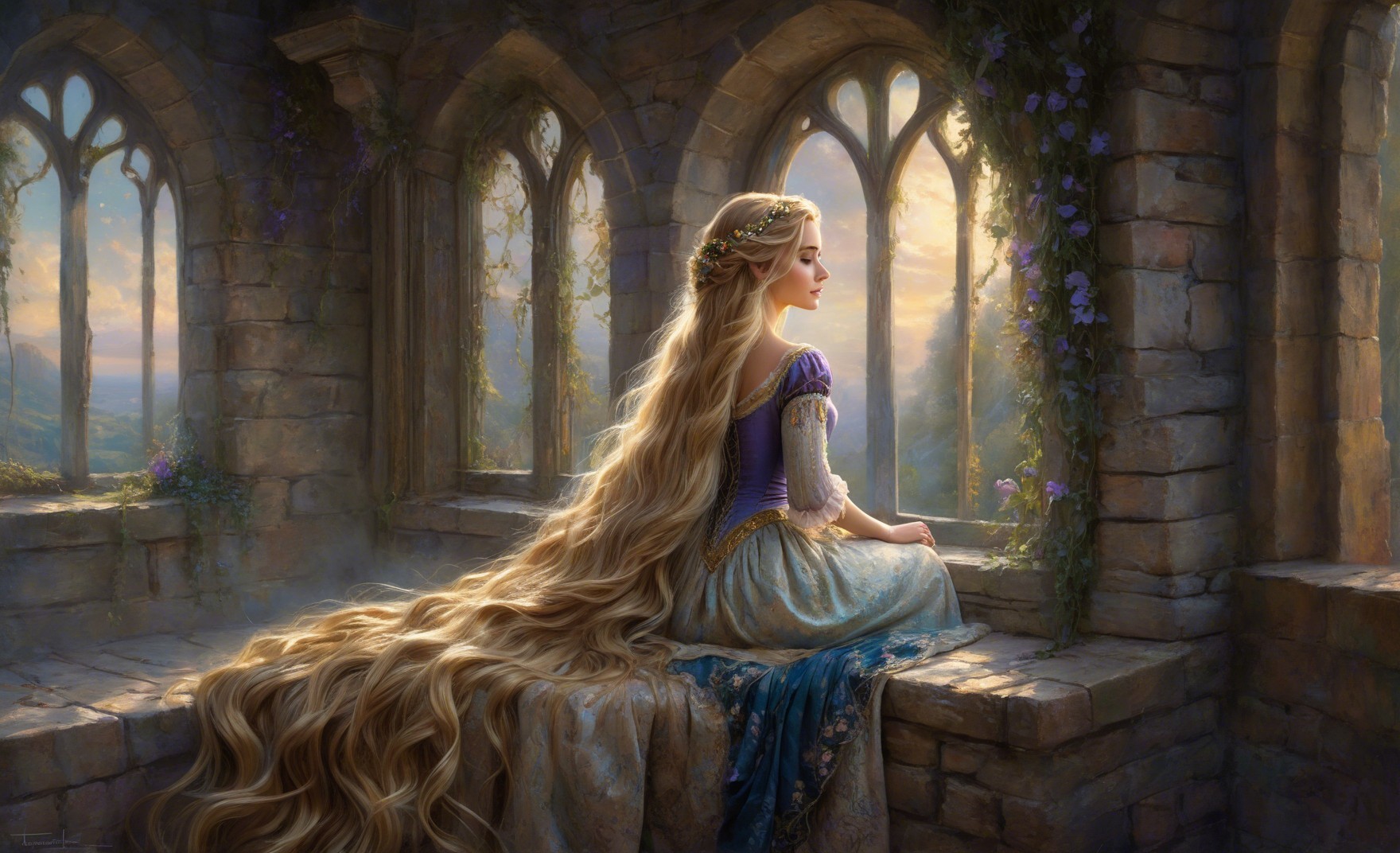 Young Woman in Elegant Gown by Stone Windowsill