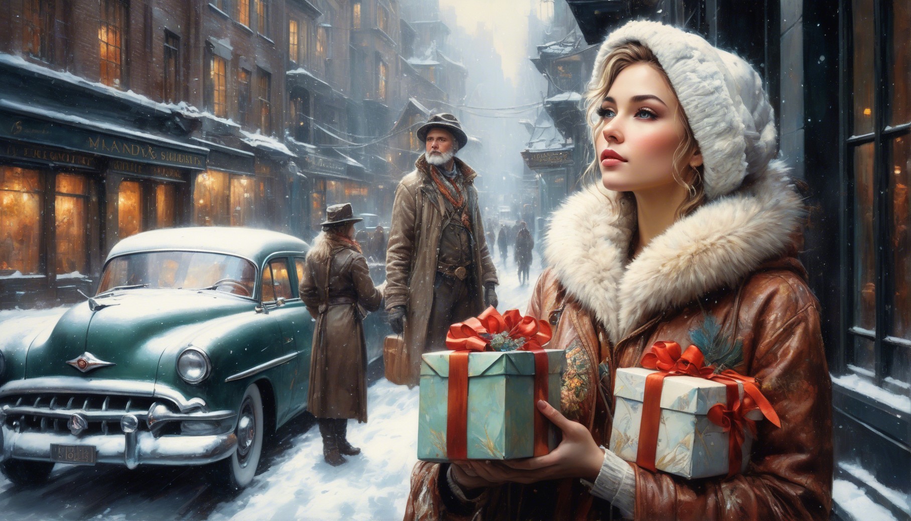 Digital painting of a blonde woman in snowy street scene
