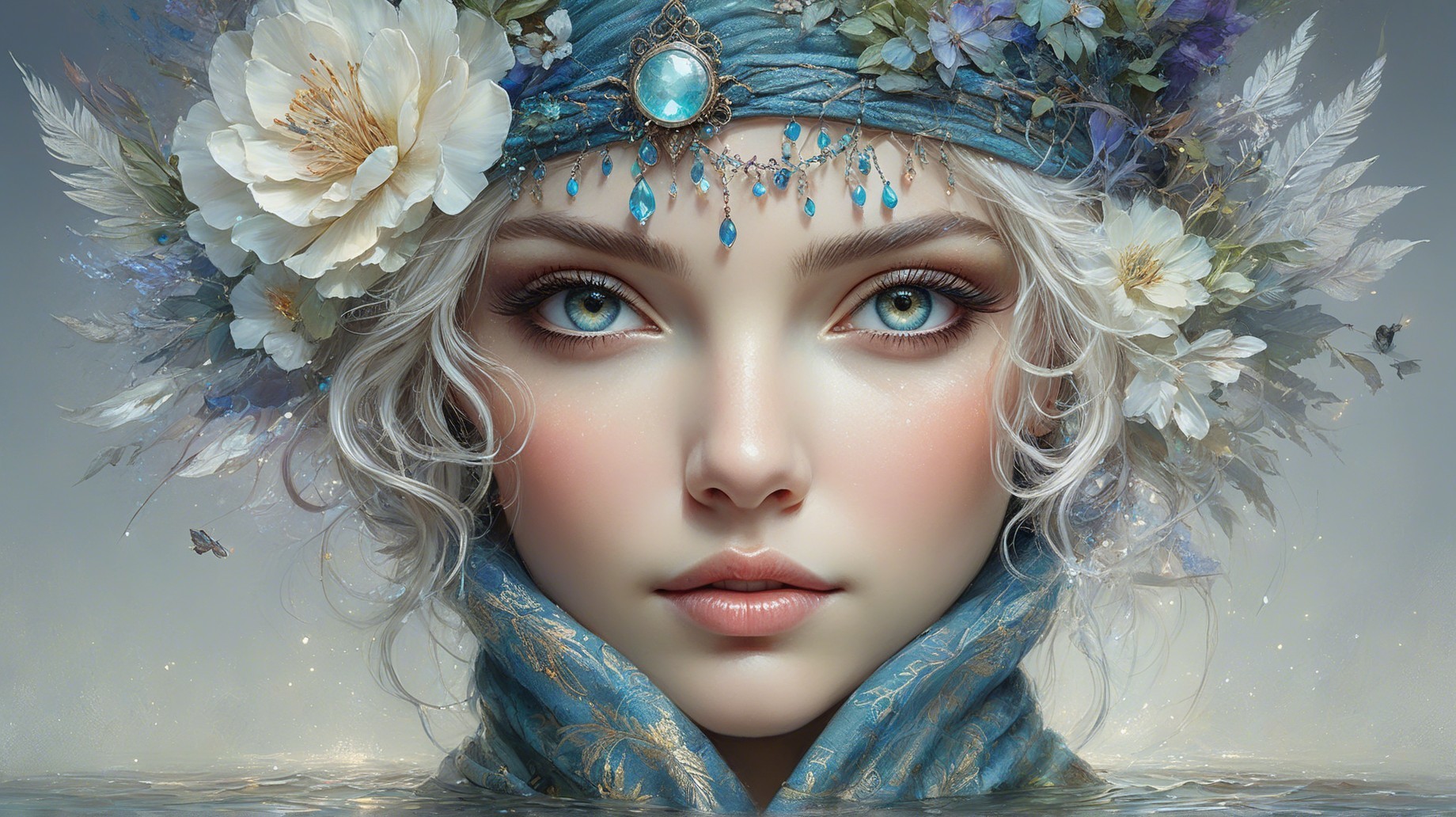 Portrait of a Young Woman with Blue Eyes and Flowers