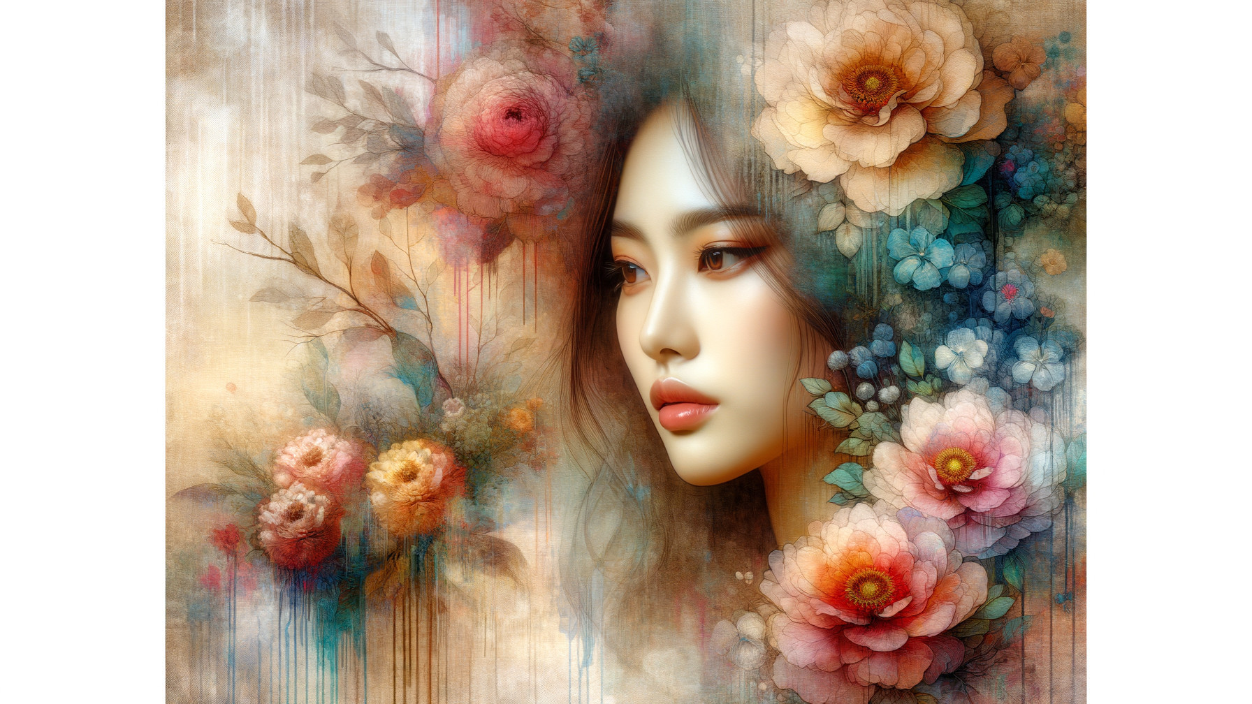 Serene Young Woman Surrounded by Colorful Flowers
