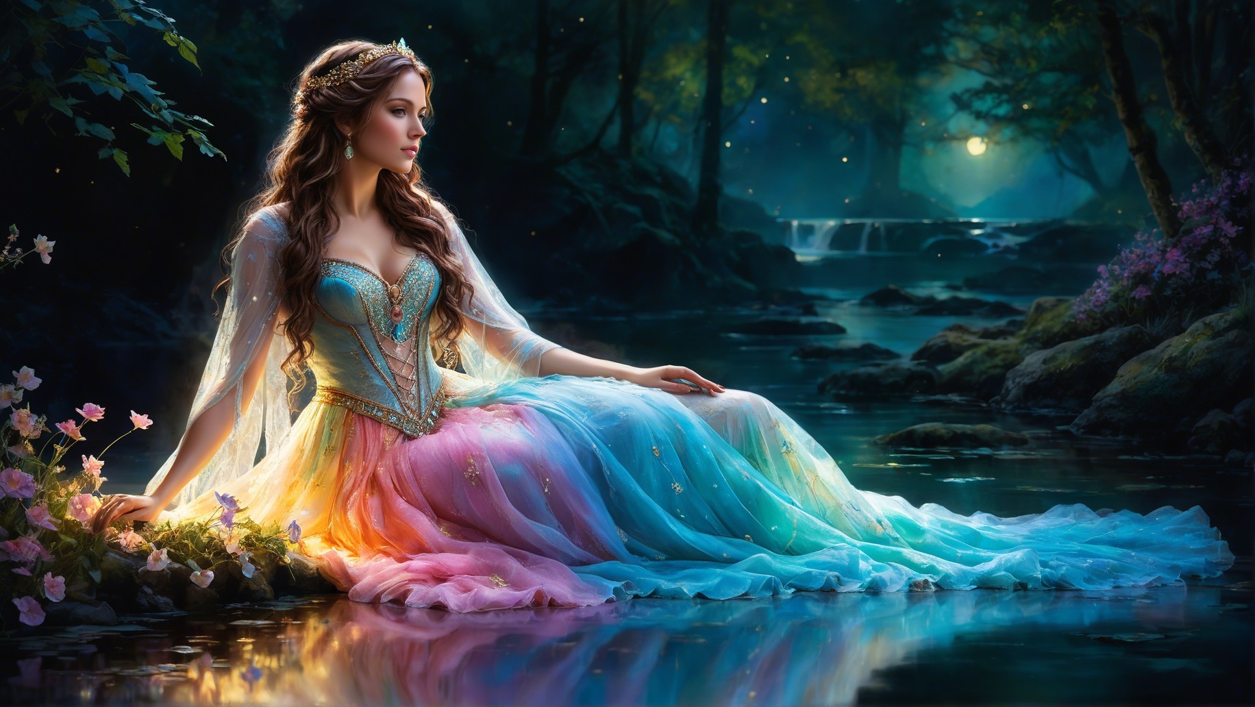 Young Woman in Colorful Gown by Moonlit Stream