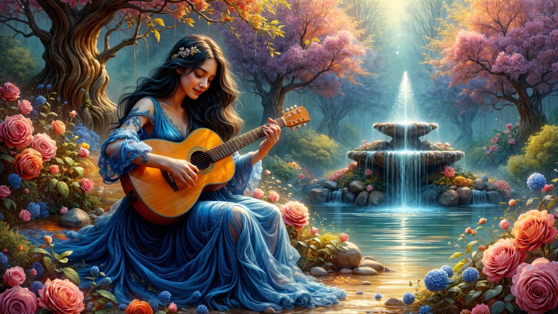 Young woman in blue dress by serene forest pond