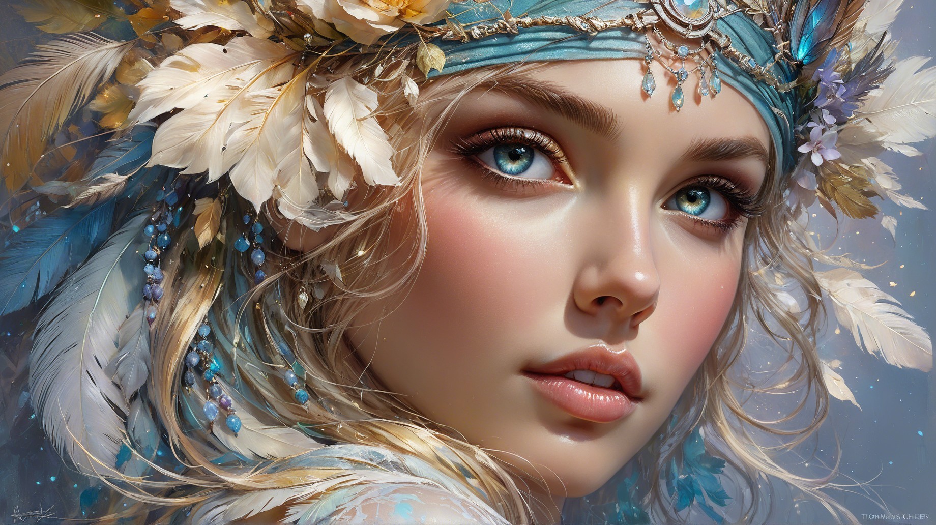 Close-Up of a Young Woman with Blue Eyes and Headpiece