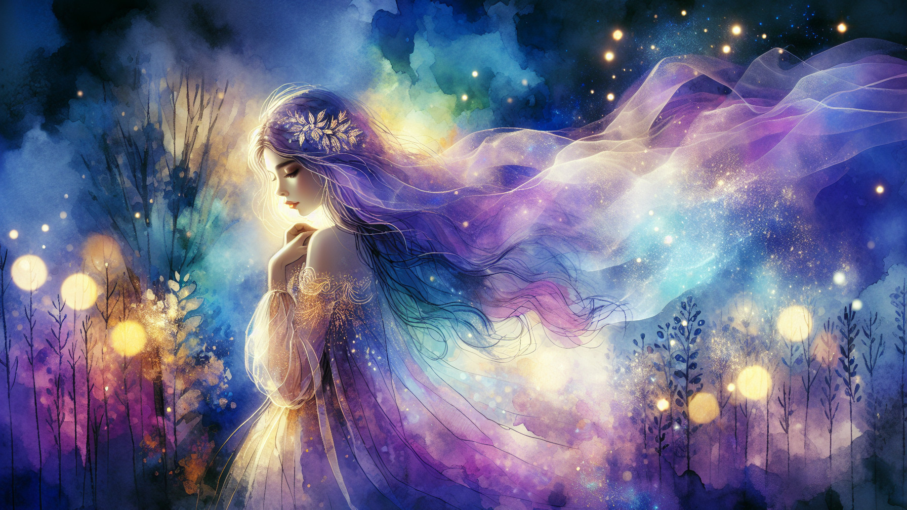 Ethereal Young Woman in Cosmic Floral Setting