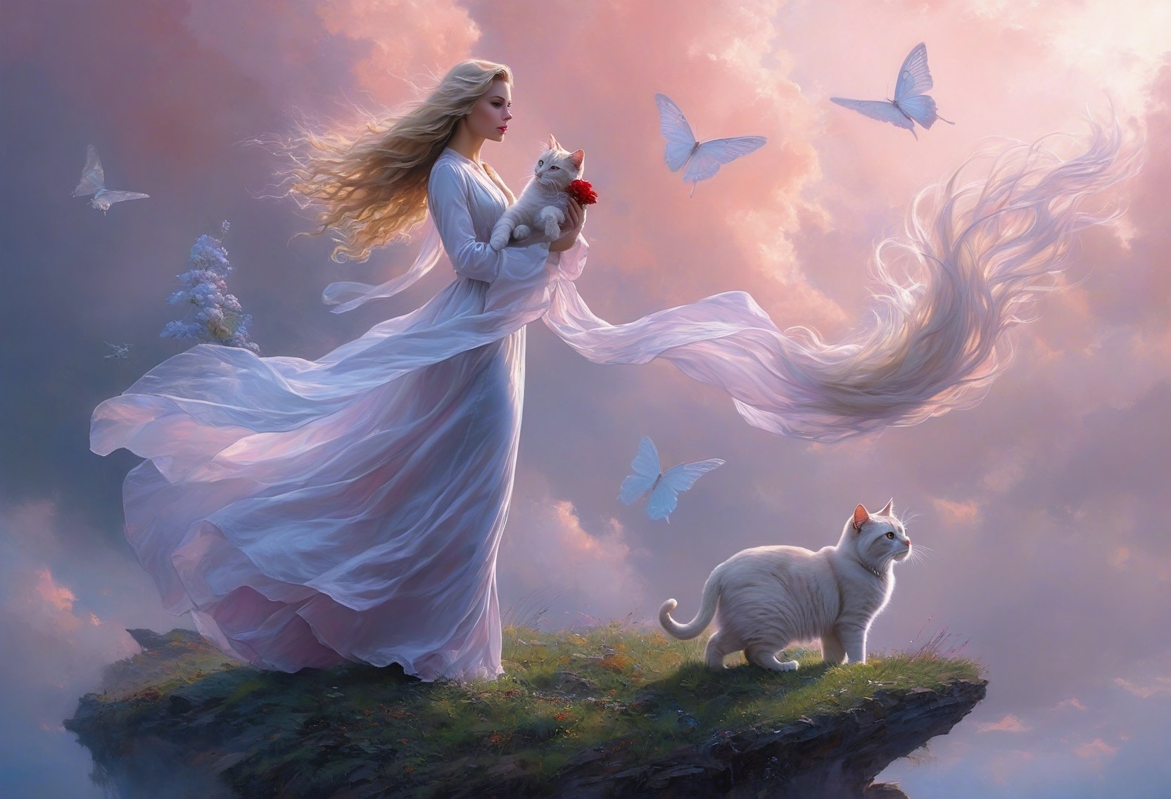 Mystical Woman with Cats on Ethereal Cliff Scene