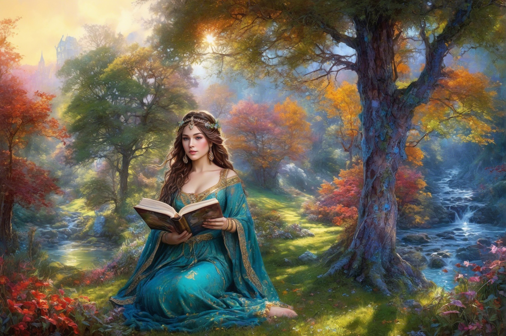 Young Woman Reading in Enchanted Forest Setting