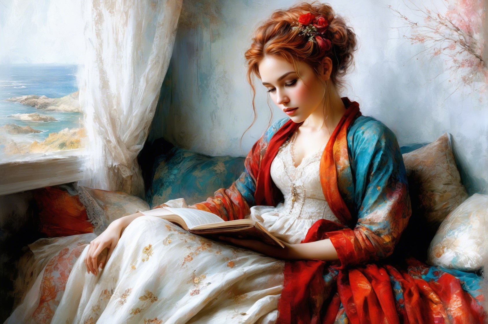 Young Woman Reading by Sunlit Window with Seascape