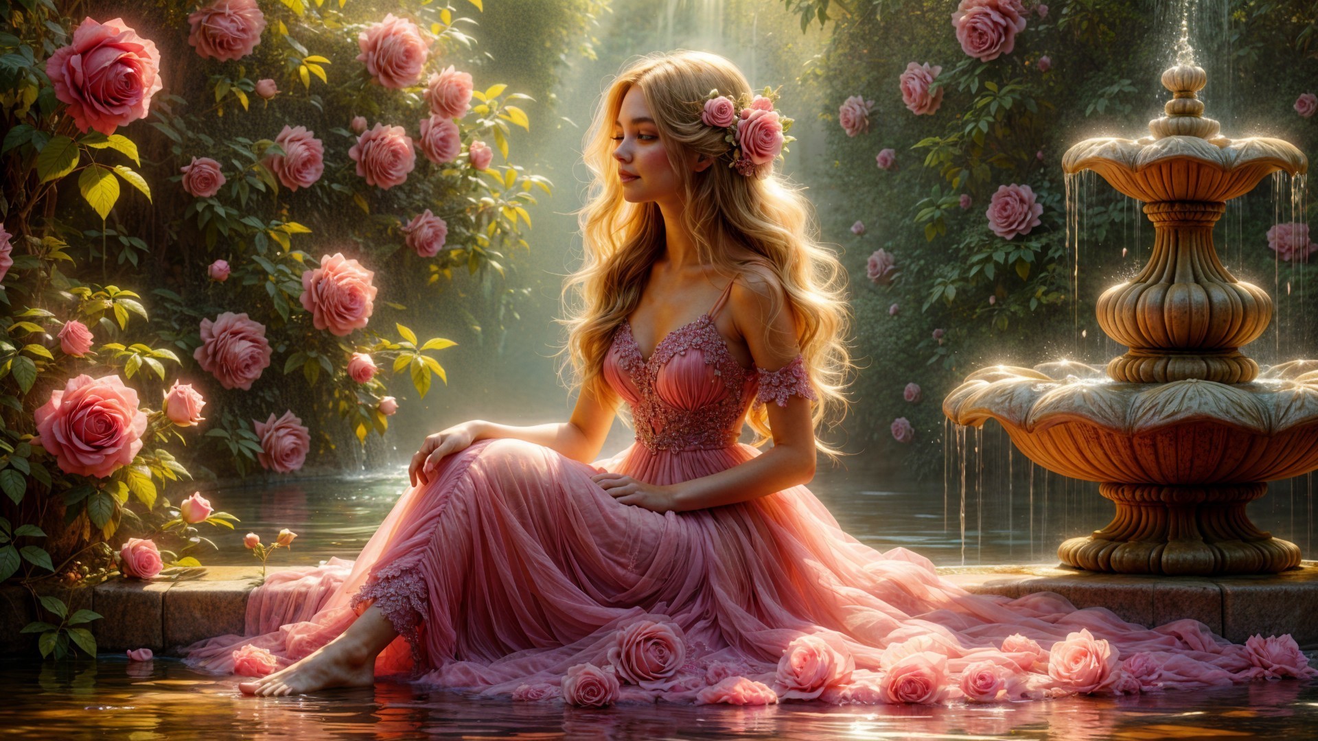 Young Woman in Rose-Pink Gown by Fountain and Roses