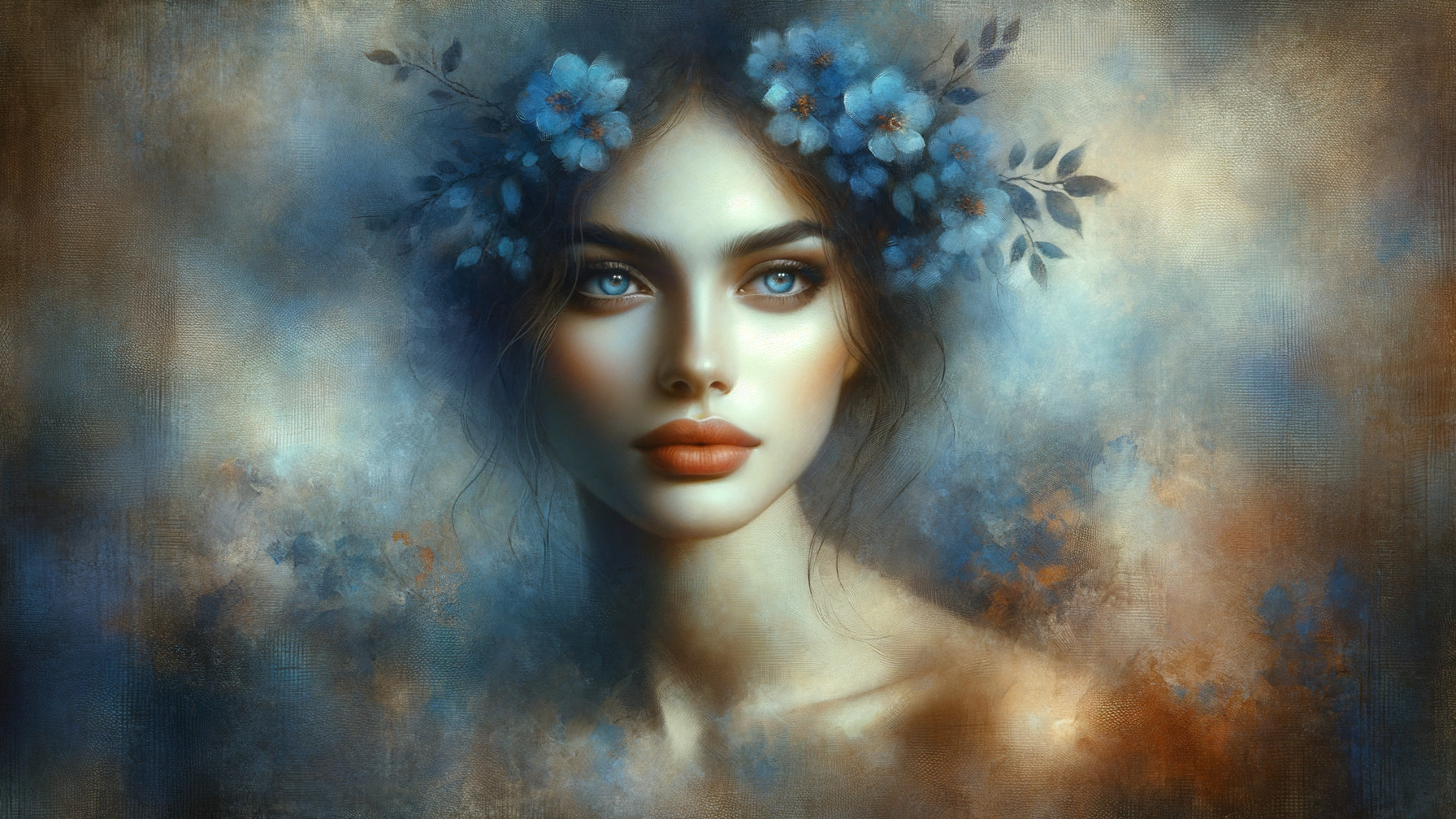 Portrait of a Young Woman with Blue Eyes and Flowers