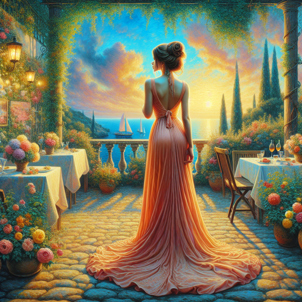 Elegant Woman at Sunset by Tranquil Sea and Flowers