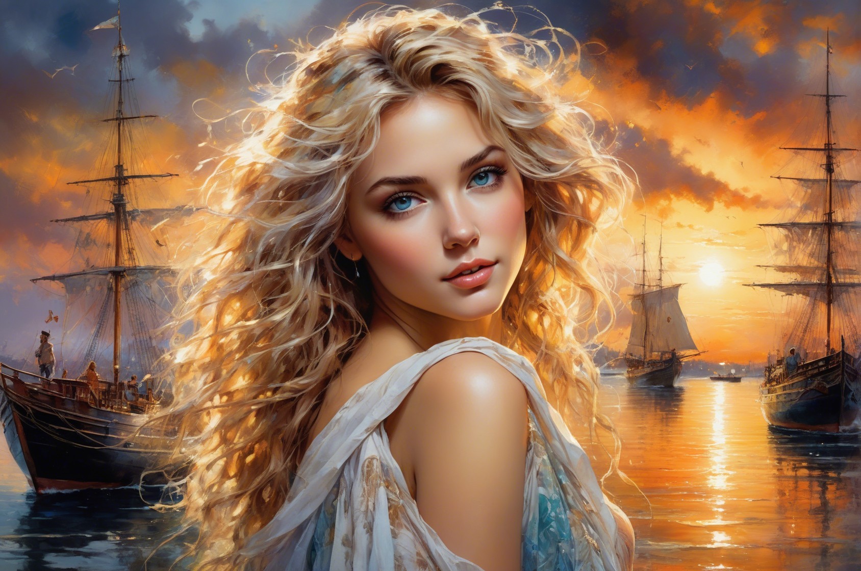 Young Woman with Blonde Hair at Sunset by Water