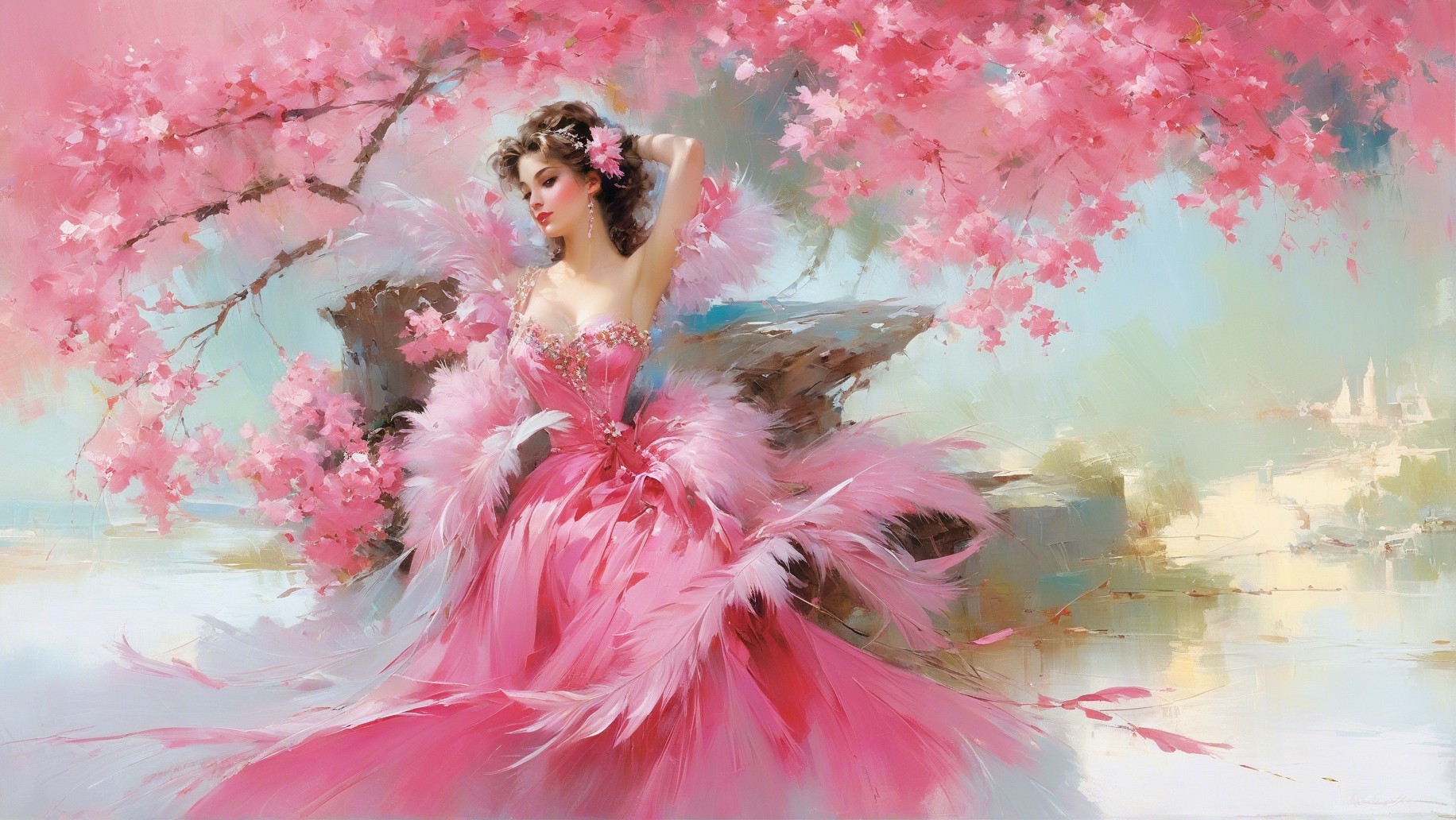 Ethereal Woman in Pink Gown Among Cherry Blossoms
