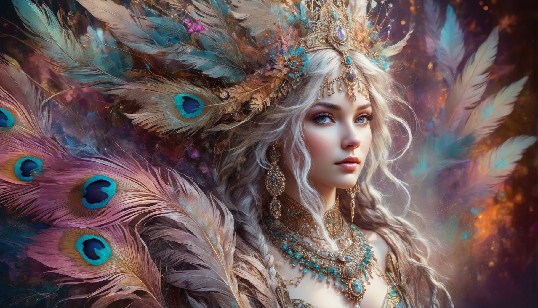 Elaborate Headdress with Peacock Feathers and Jewels