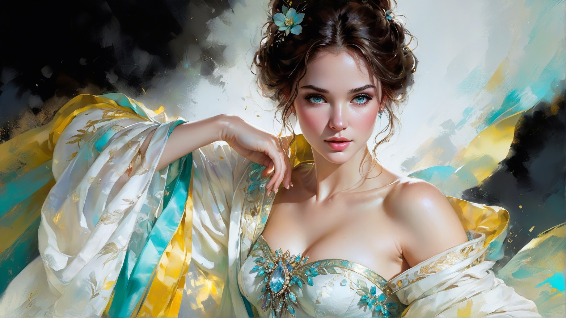 Young woman in elegant gown with floral accessory