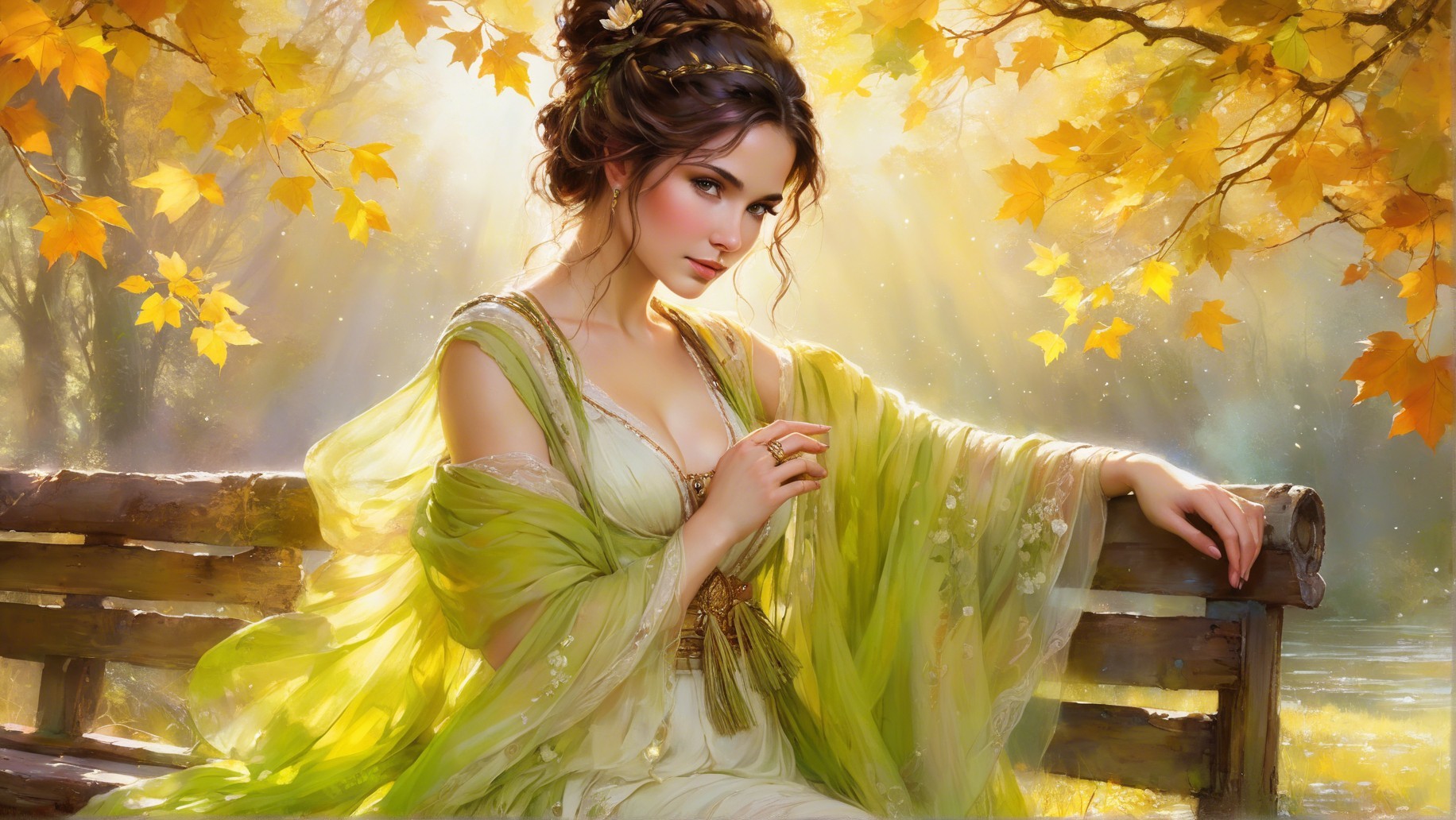 Fairy Tale Scene with Young Woman in Autumn Setting