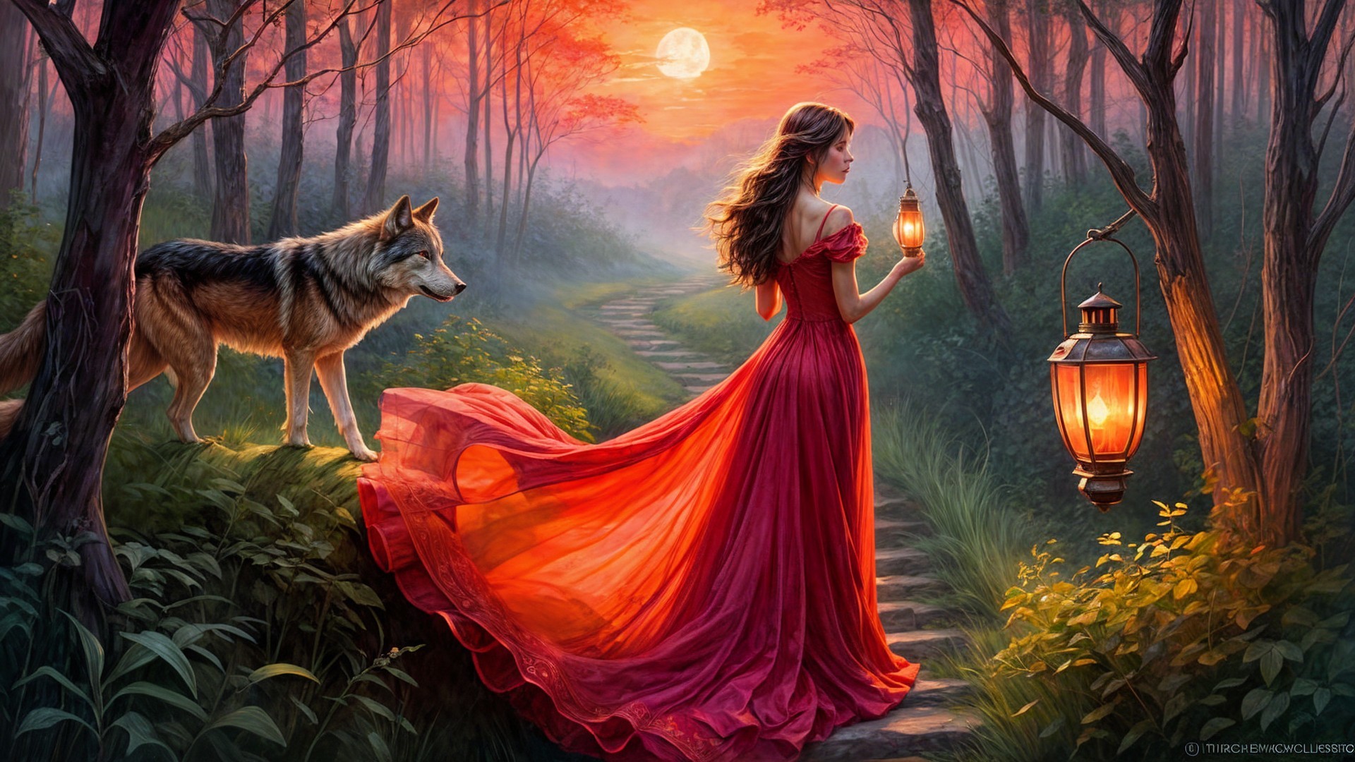 Young Woman in Red Gown with Wolf in Twilight Forest
