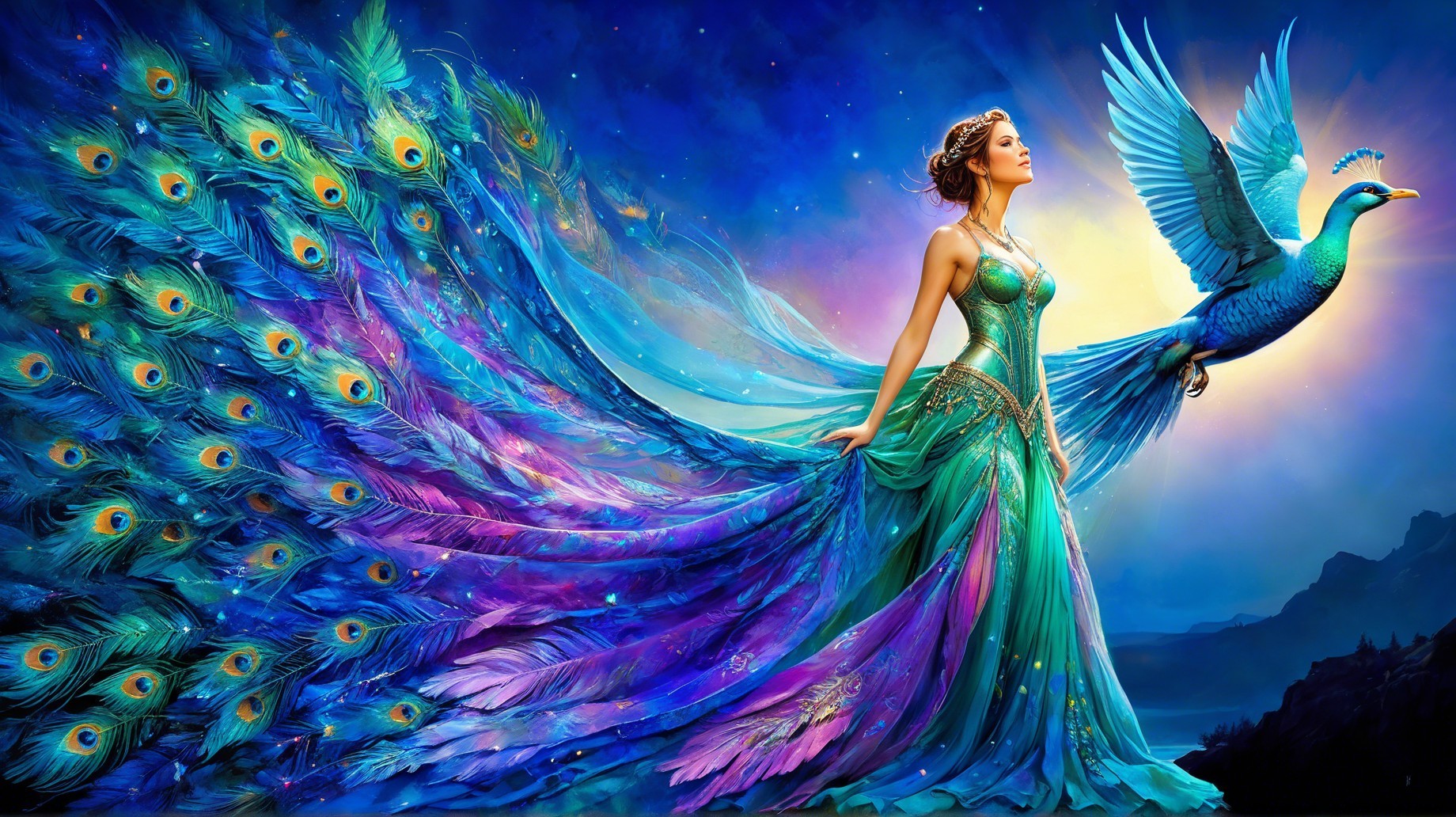 Elegant Woman in Gown with Peacock Feathers and Stars