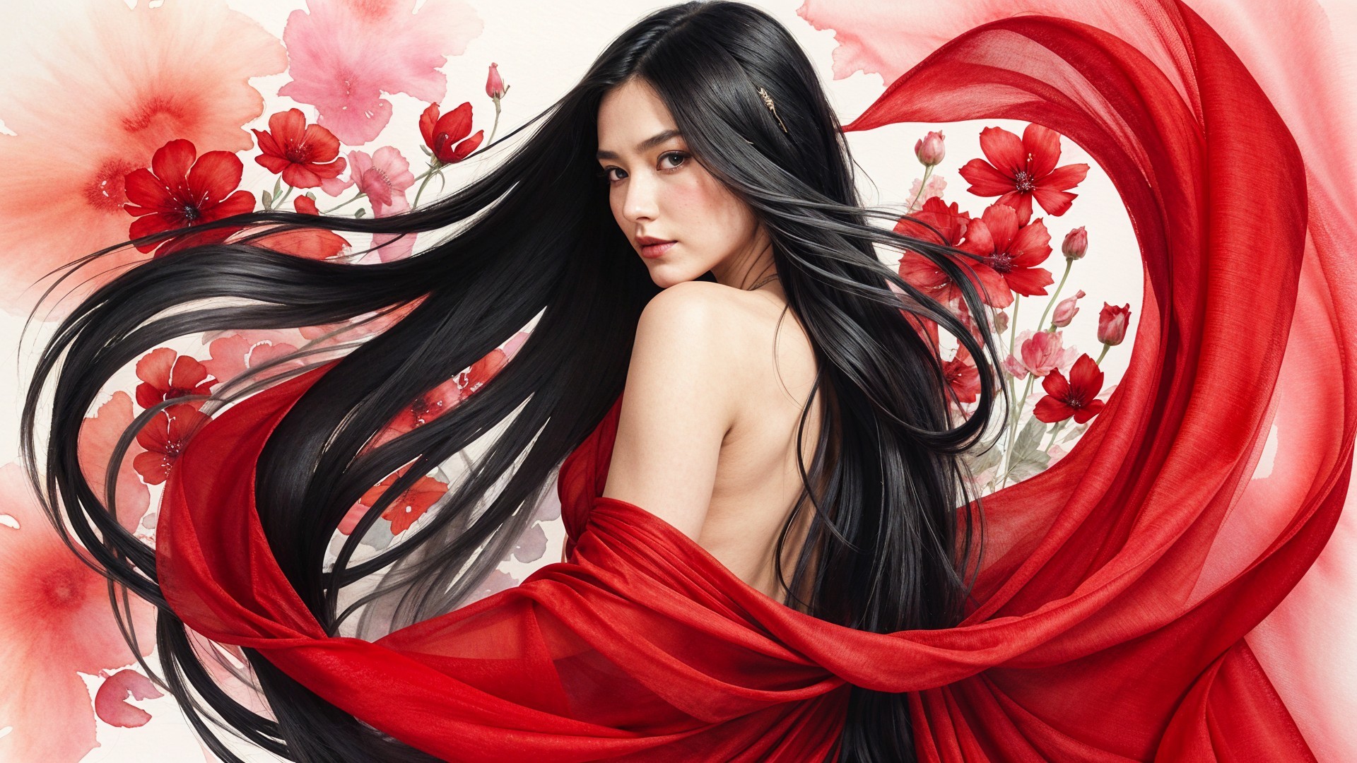 Portrait of a Woman in Sheer Red Fabric with Flowers
