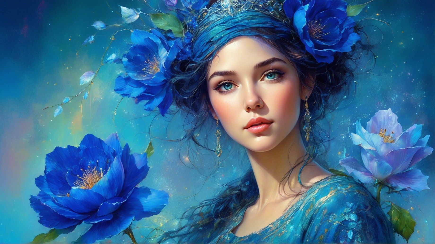 Young woman with blue flower crown in dreamy setting