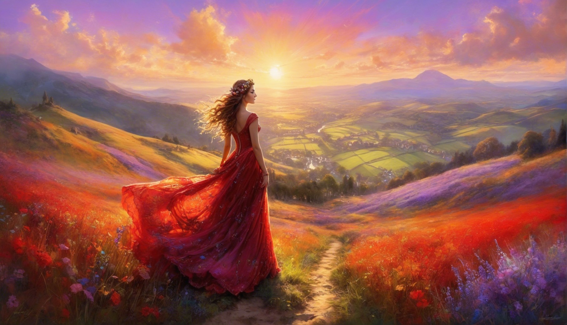 Woman in Red Dress on Vibrant Hillside at Sunset
