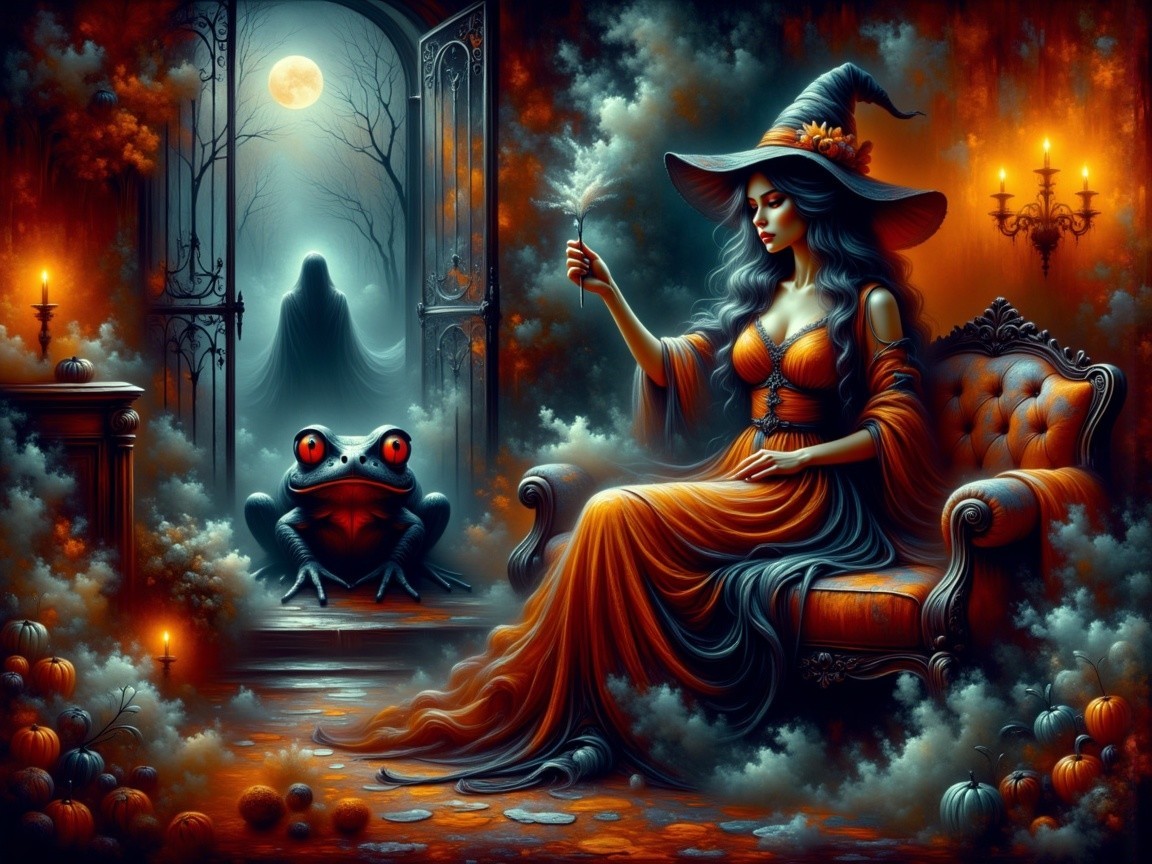 Witch in Orange Gown with Frog and Moonlit Shadows