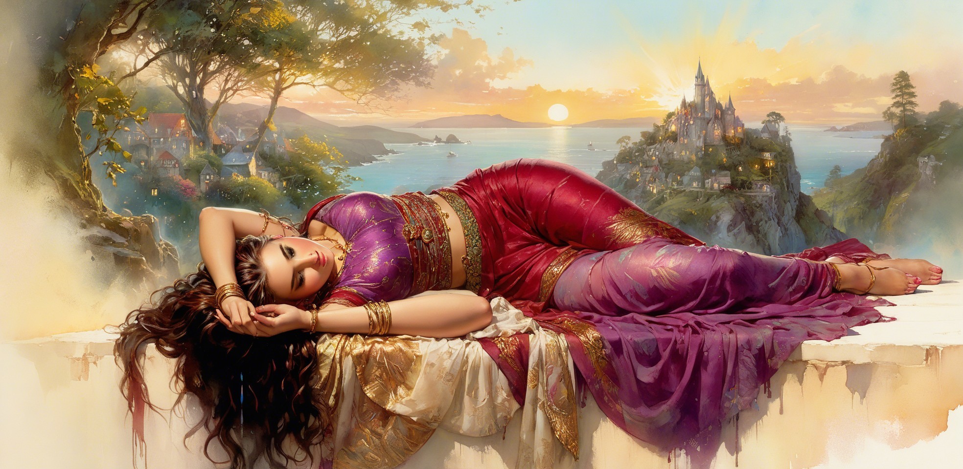 Serene Woman in Vibrant Traditional Outfit on Balcony