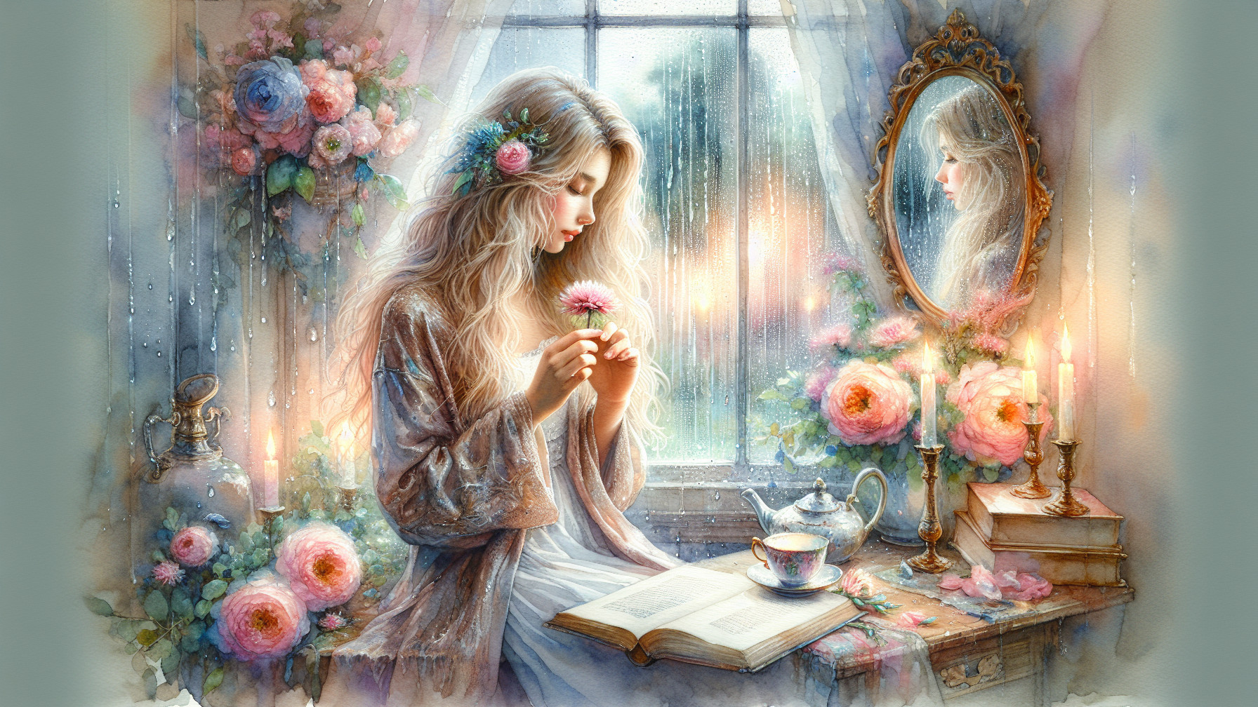 Watercolor of a woman with flowers by a rainy window