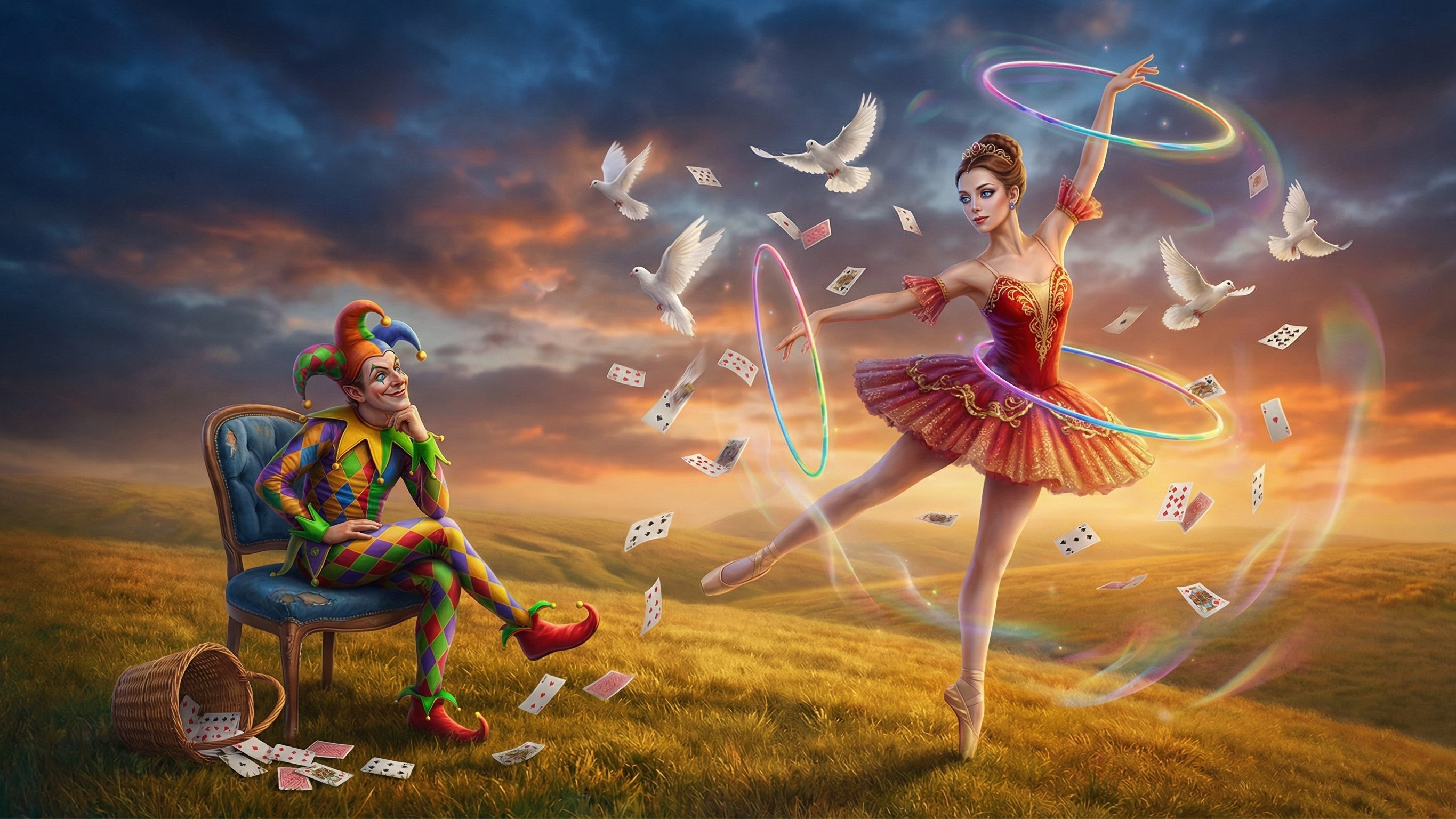 Jester Observing Ballerina in Whimsical Scene