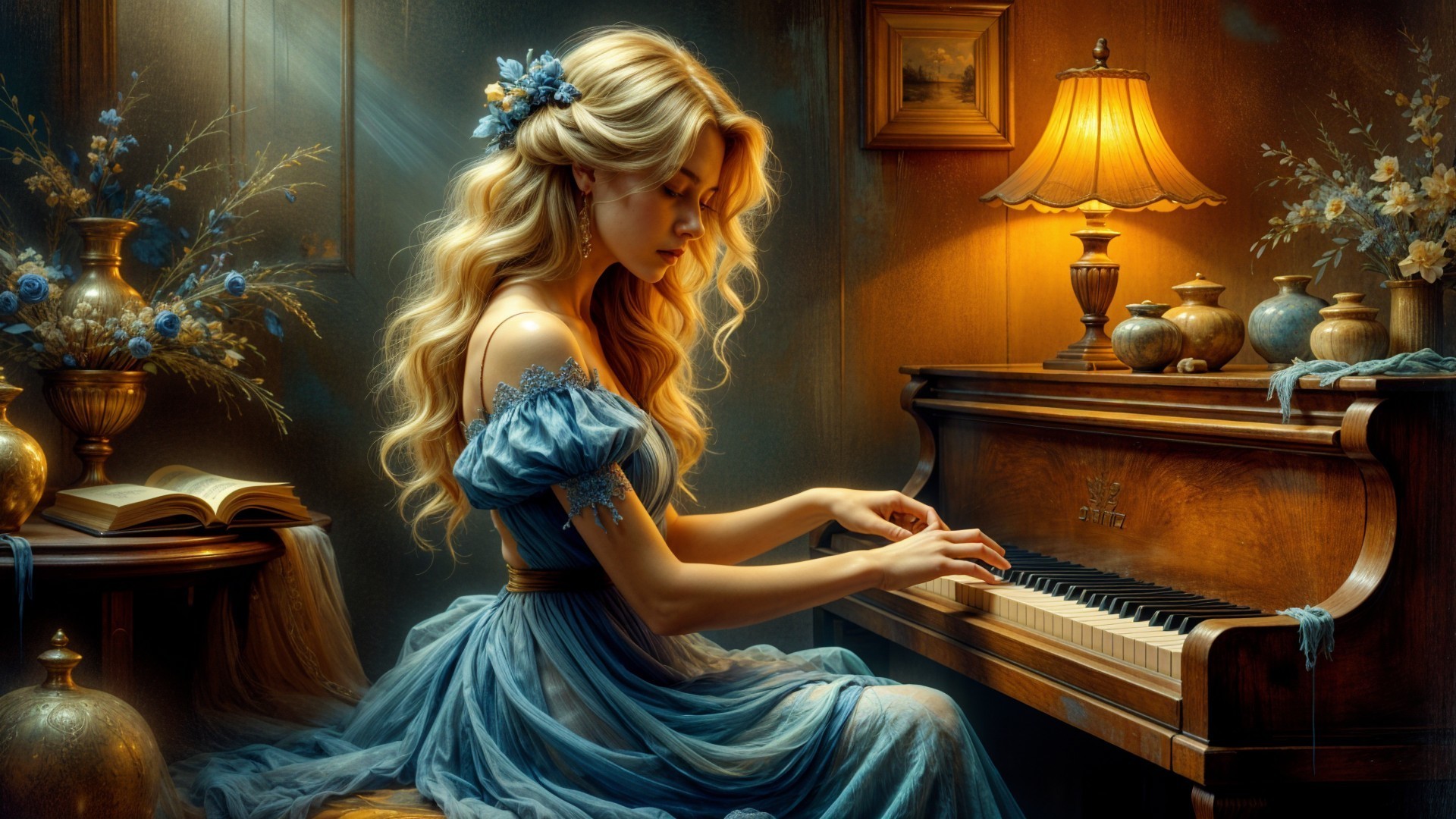 Young Woman at Grand Piano in Cozy Room Setting